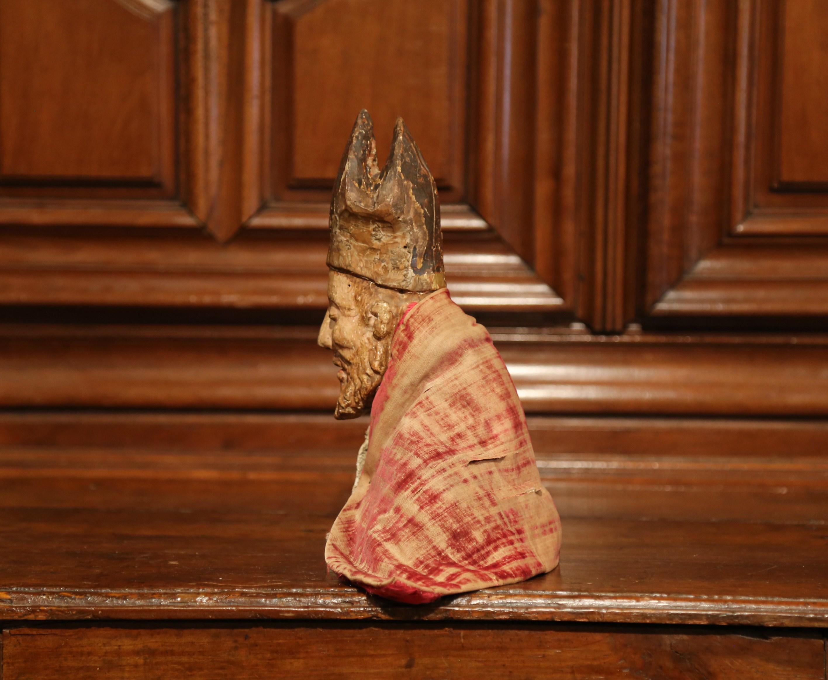 Gesso 17th Century Spanish Carved Walnut Polychrome Bishop Bust with Velvet Cassock