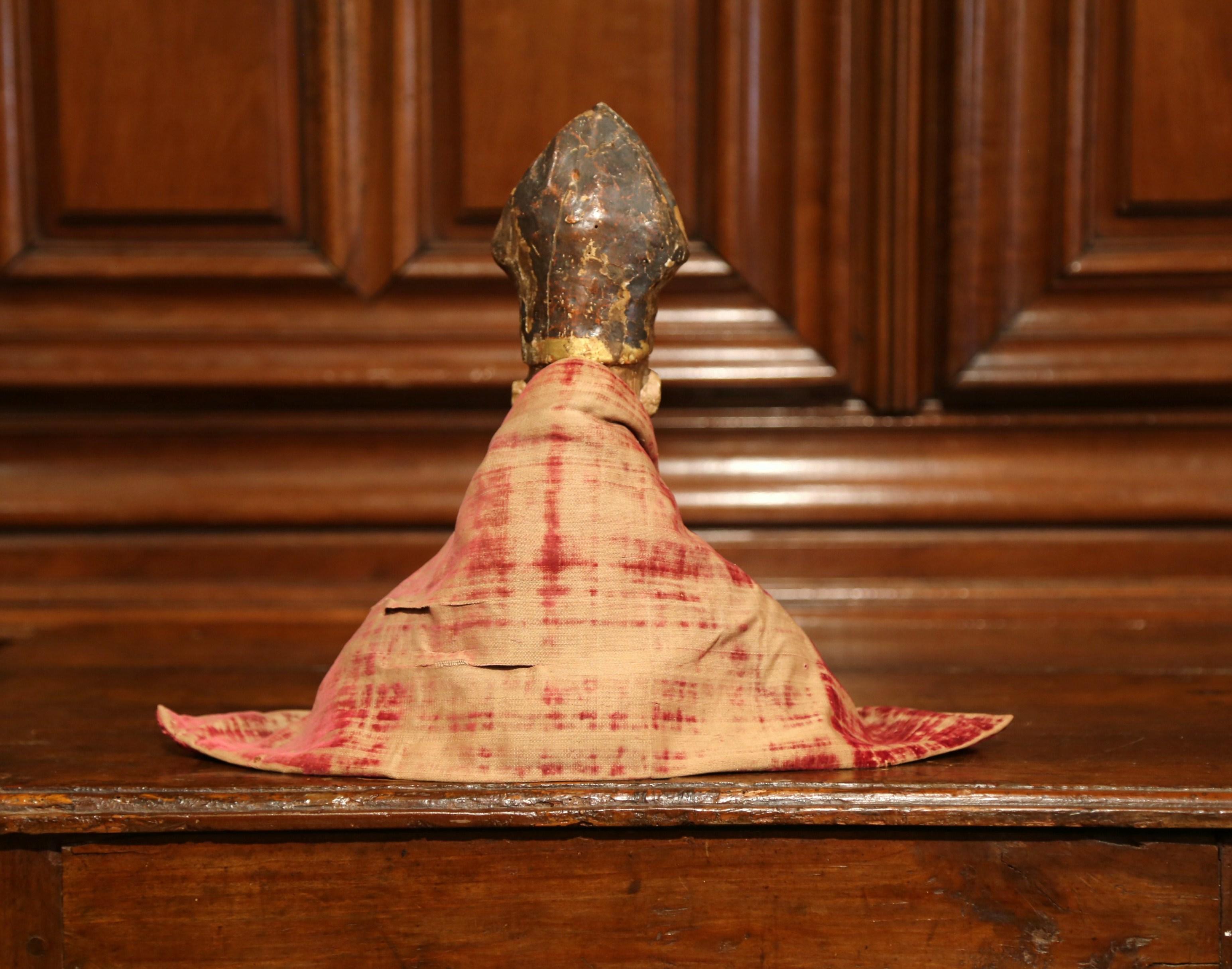 17th Century Spanish Carved Walnut Polychrome Bishop Bust with Velvet Cassock 1