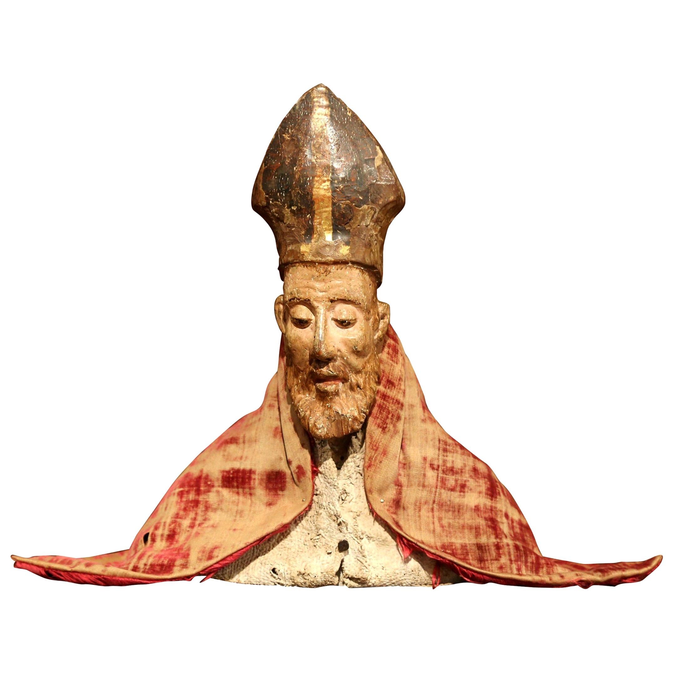 17th Century Spanish Carved Walnut Polychrome Bishop Bust with Velvet Cassock