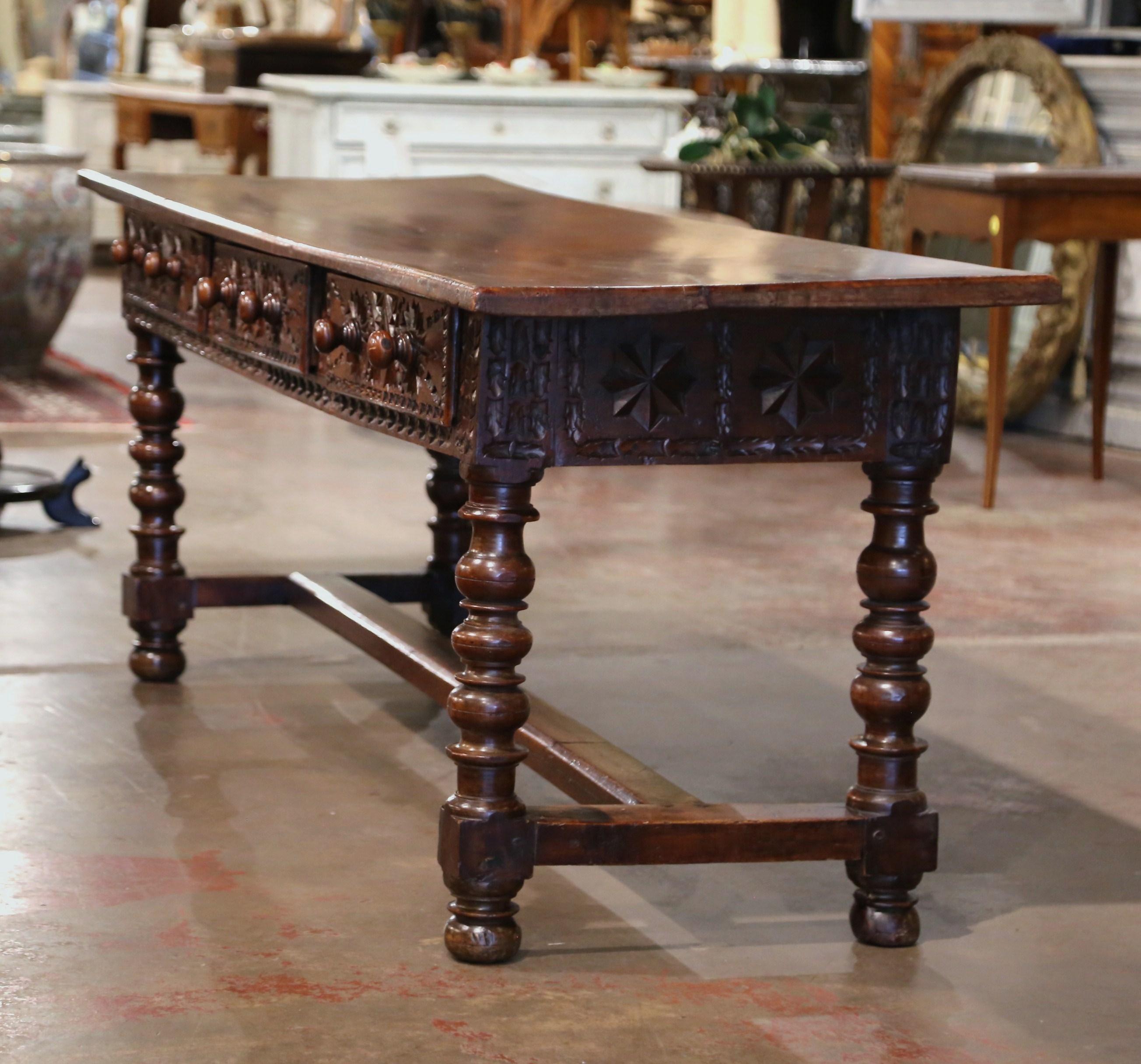 17th Century Spanish Carved Walnut Single Plank Top Three-Drawer Console Table  8