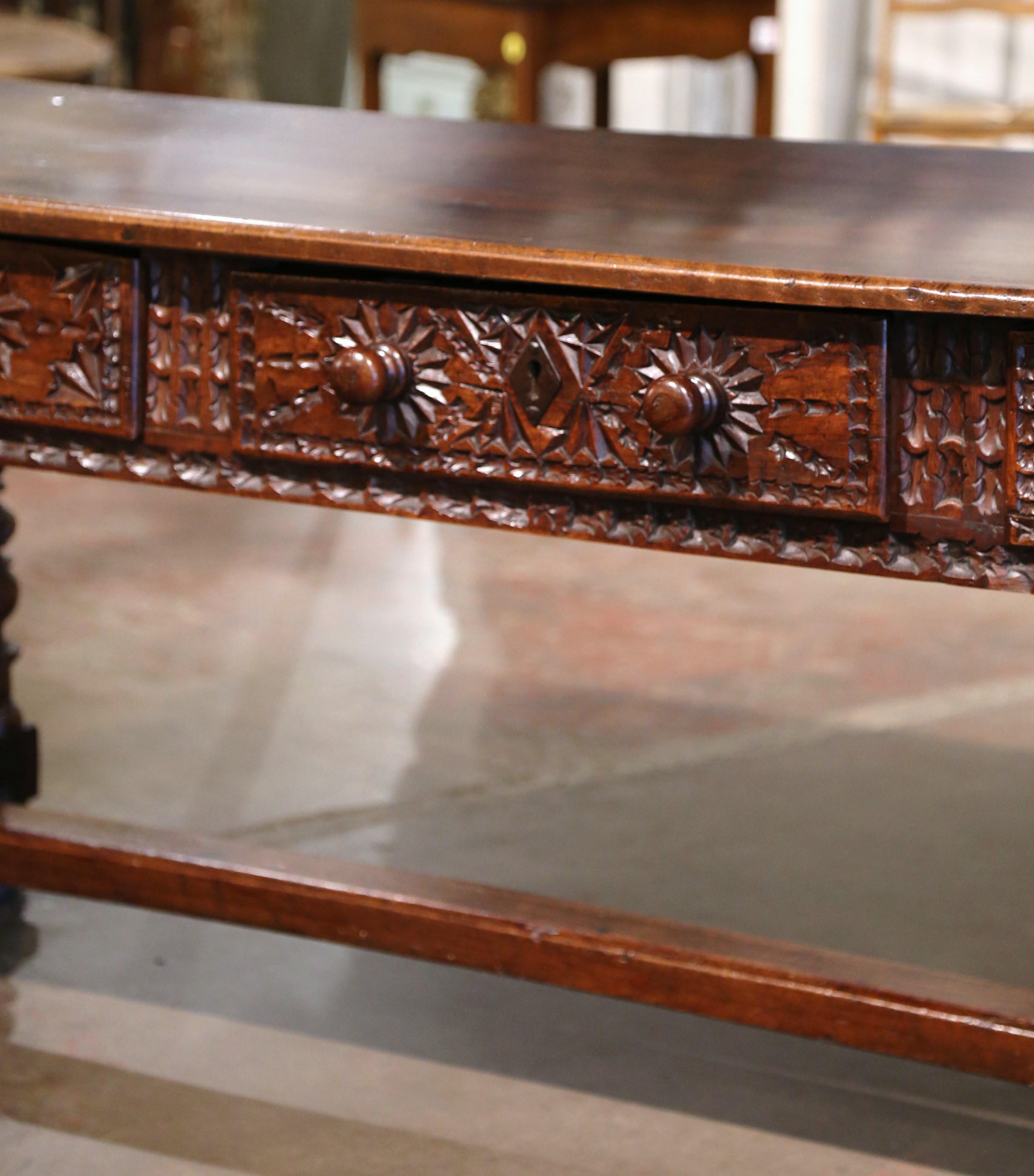 17th Century Spanish Carved Walnut Single Plank Top Three-Drawer Console Table  9