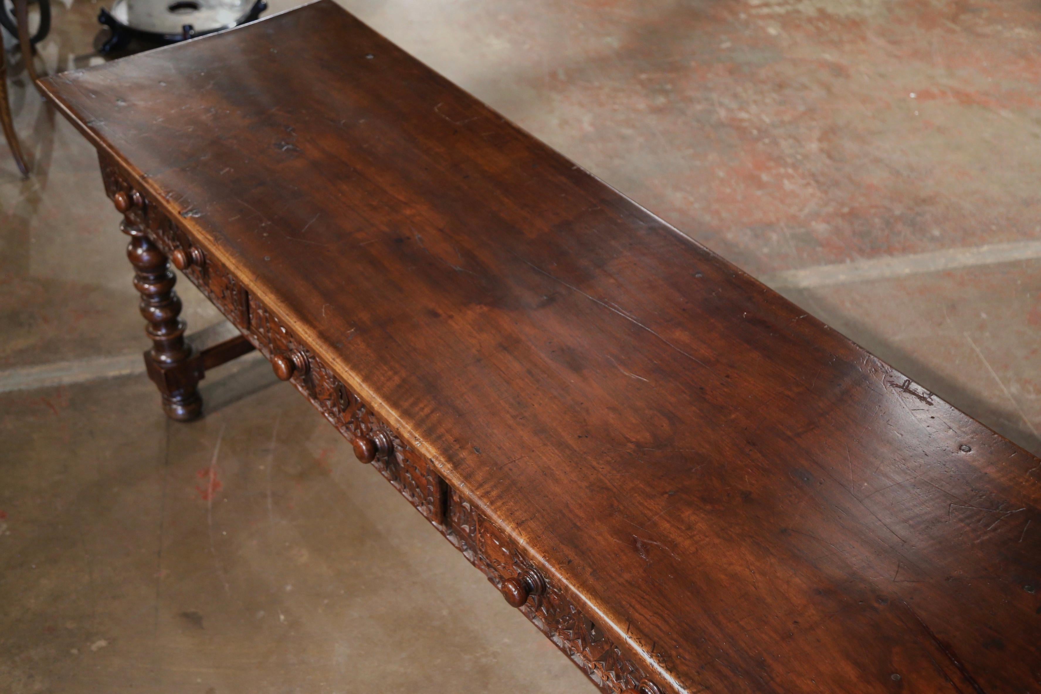 Adam Style 17th Century Spanish Carved Walnut Single Plank Top Three-Drawer Console Table 
