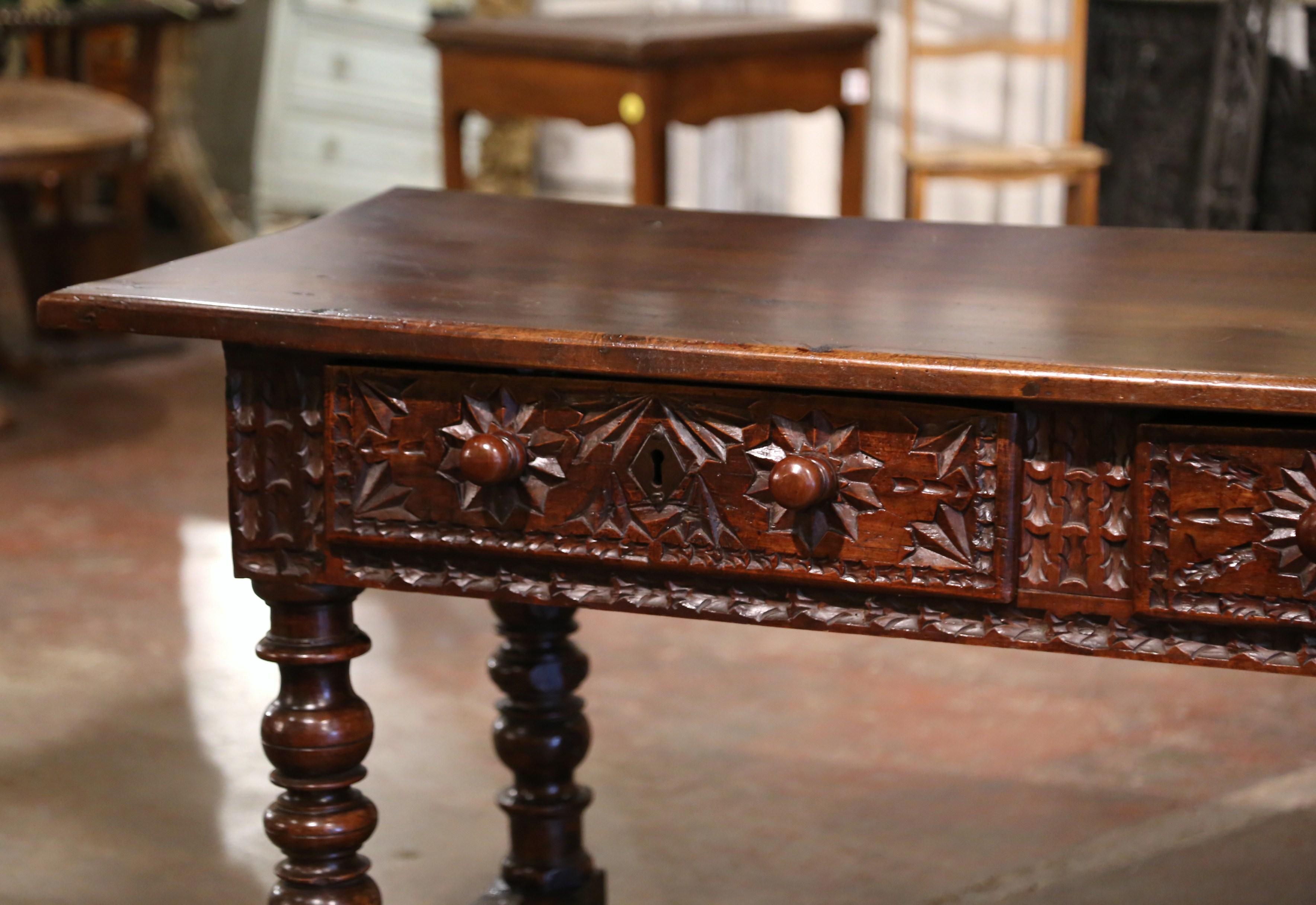 Hand-Carved 17th Century Spanish Carved Walnut Single Plank Top Three-Drawer Console Table 