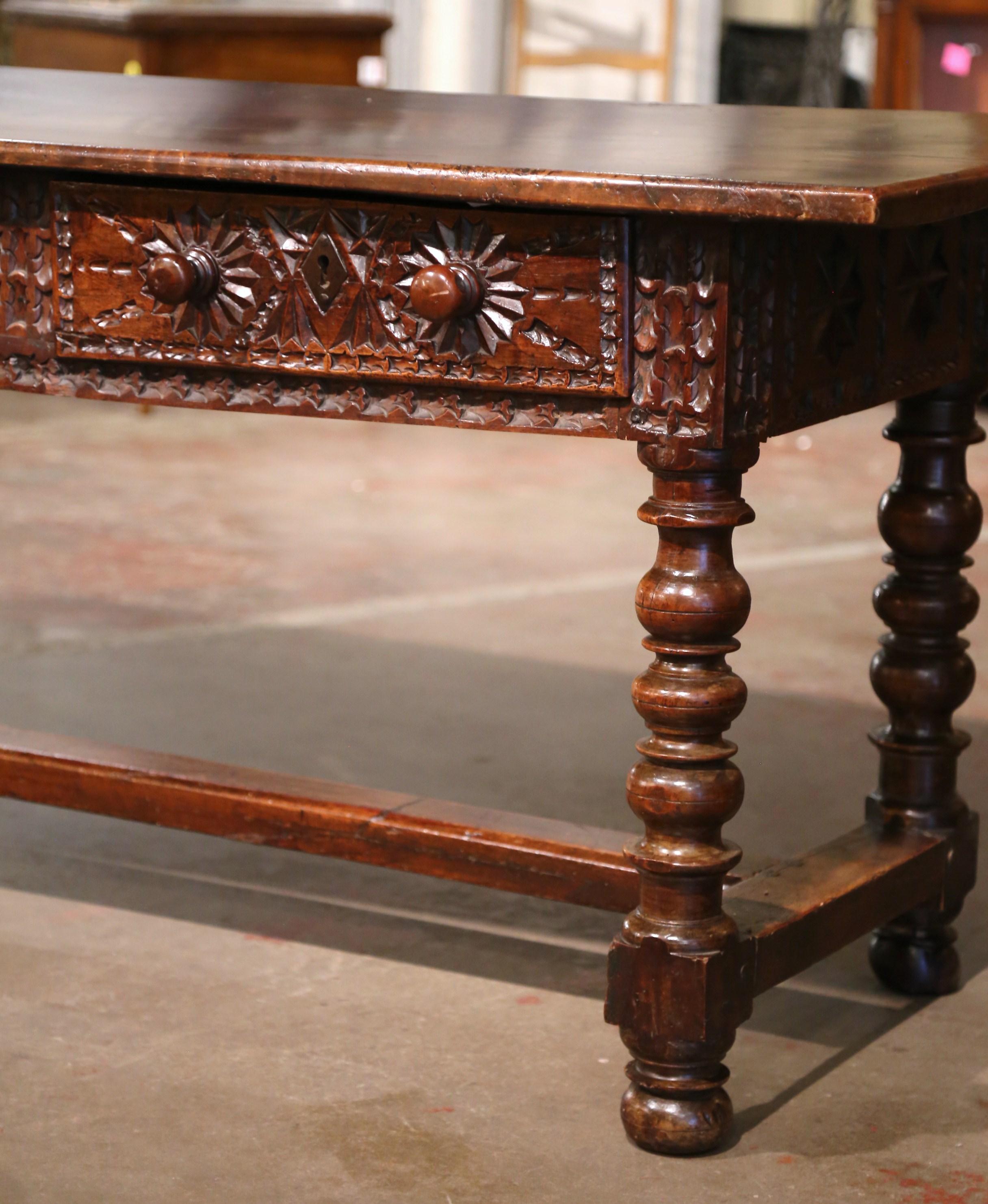 17th Century Spanish Carved Walnut Single Plank Top Three-Drawer Console Table  In Excellent Condition In Dallas, TX