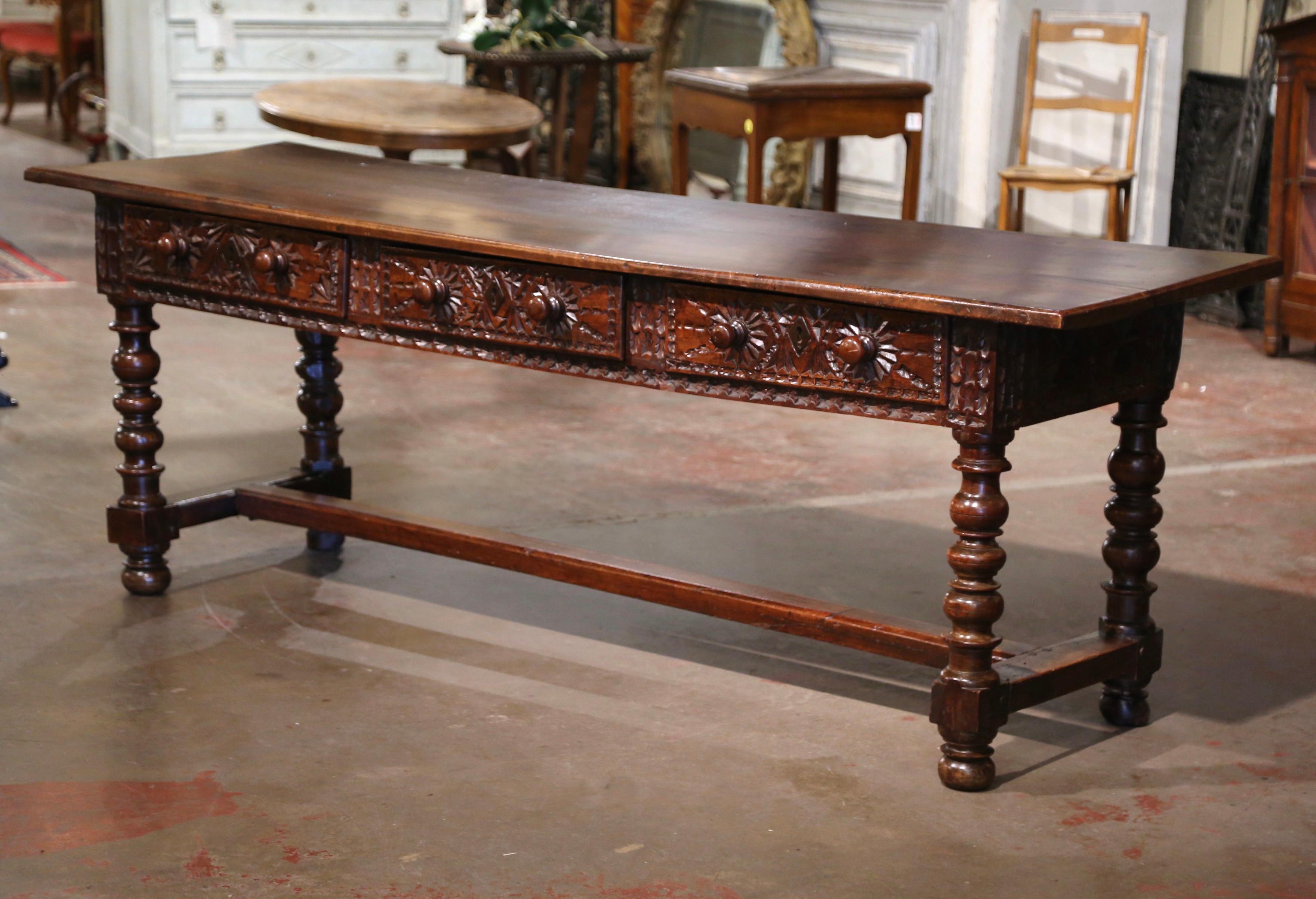 17th Century Spanish Carved Walnut Single Plank Top Three-Drawer Console Table  1