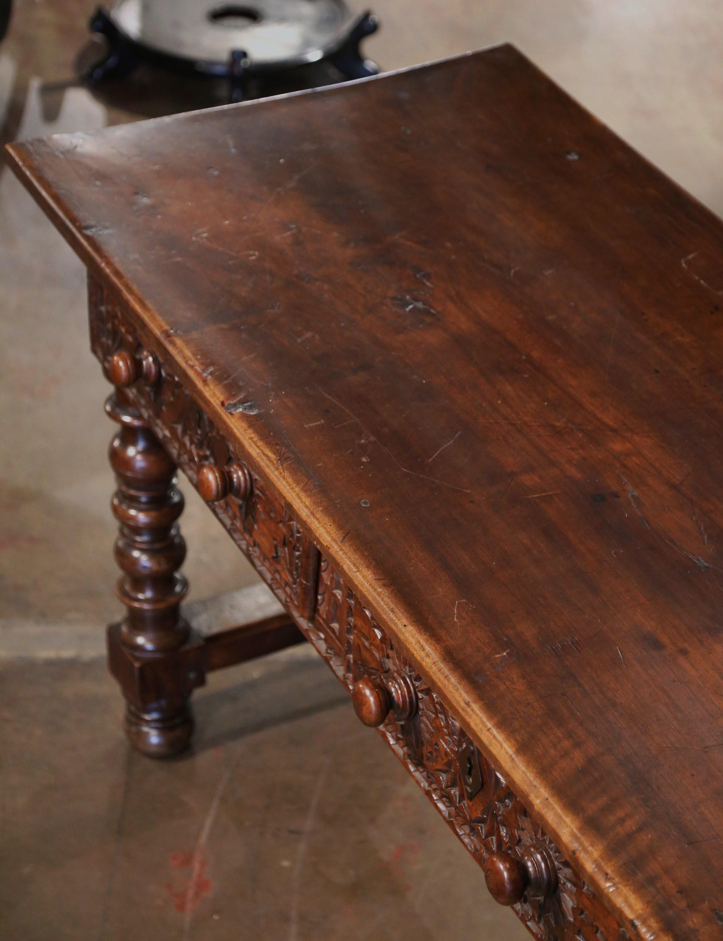 17th Century Spanish Carved Walnut Single Plank Top Three-Drawer Console Table  3