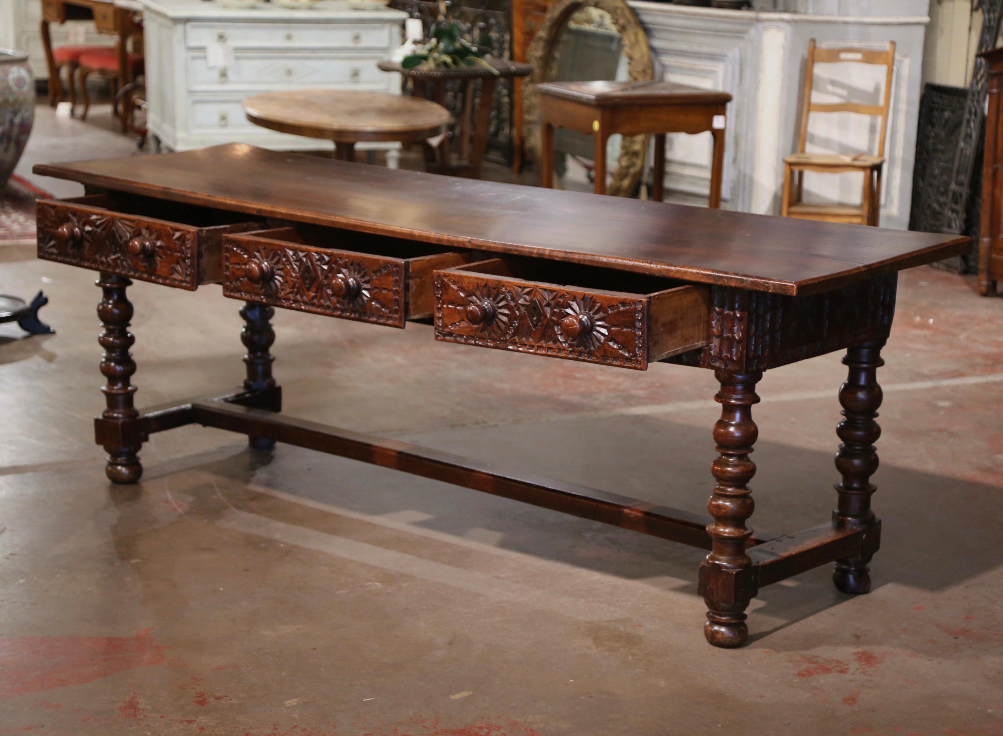 17th Century Spanish Carved Walnut Single Plank Top Three-Drawer Console Table  4