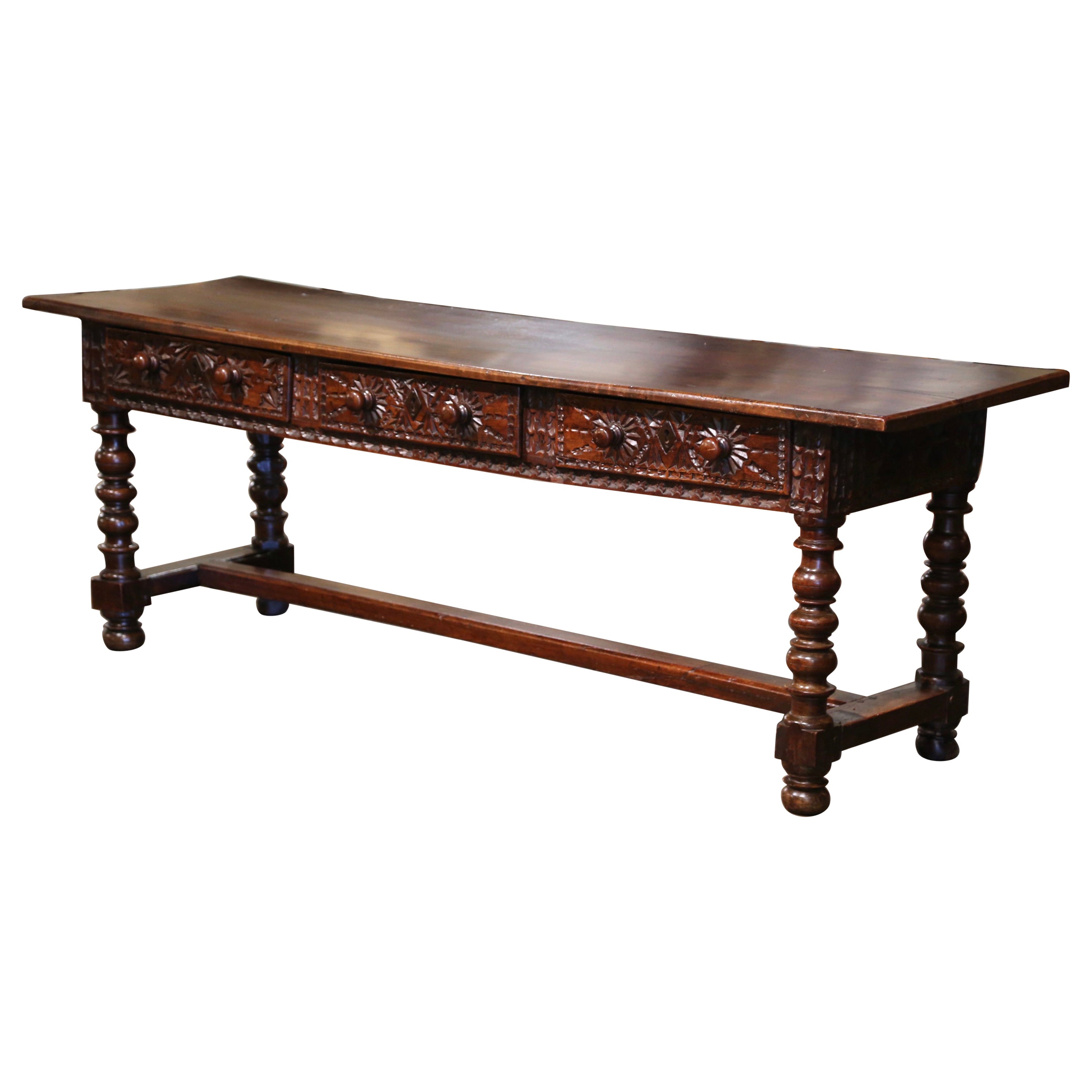 17th Century Spanish Carved Walnut Single Plank Top Three-Drawer Console Table
