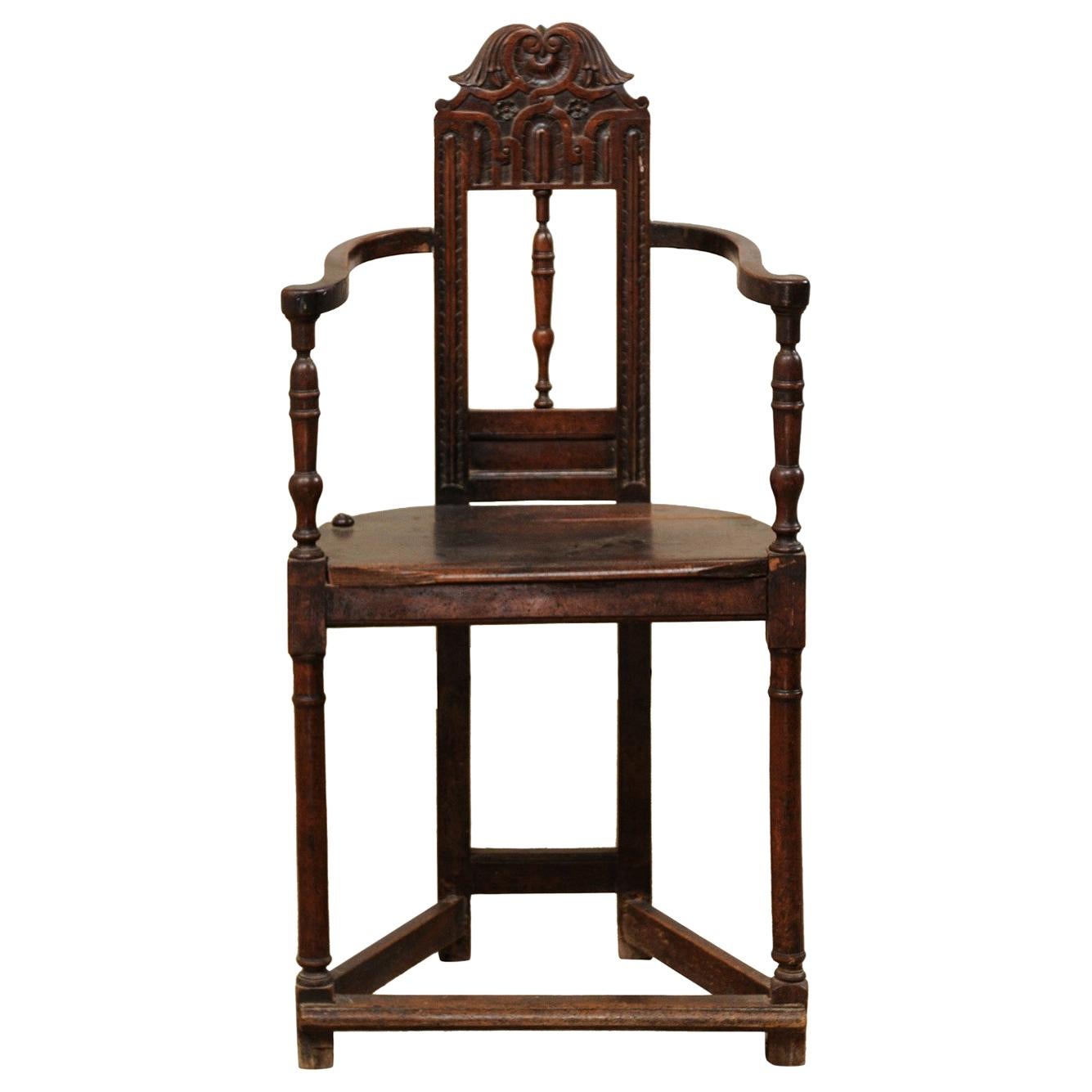 17th Century Spanish Carved Wood Armchair, Rectangular-Shape for a Room Corner