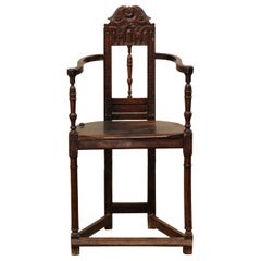 Antique 17th Century Spanish Carved Wood Armchair, Rectangular-Shape for a Room Corner