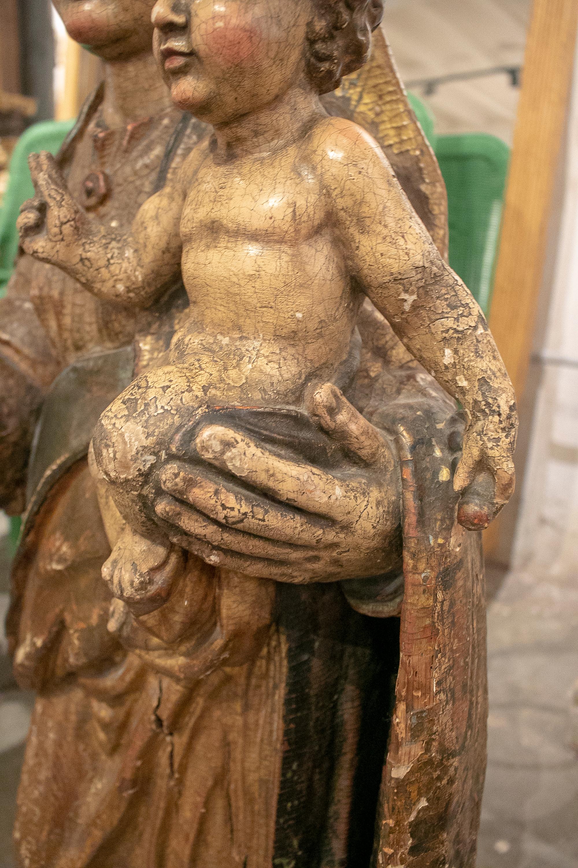17th Century Spanish Castilian School Painted Virgin w/ Child Wooden Sculpture  For Sale 6