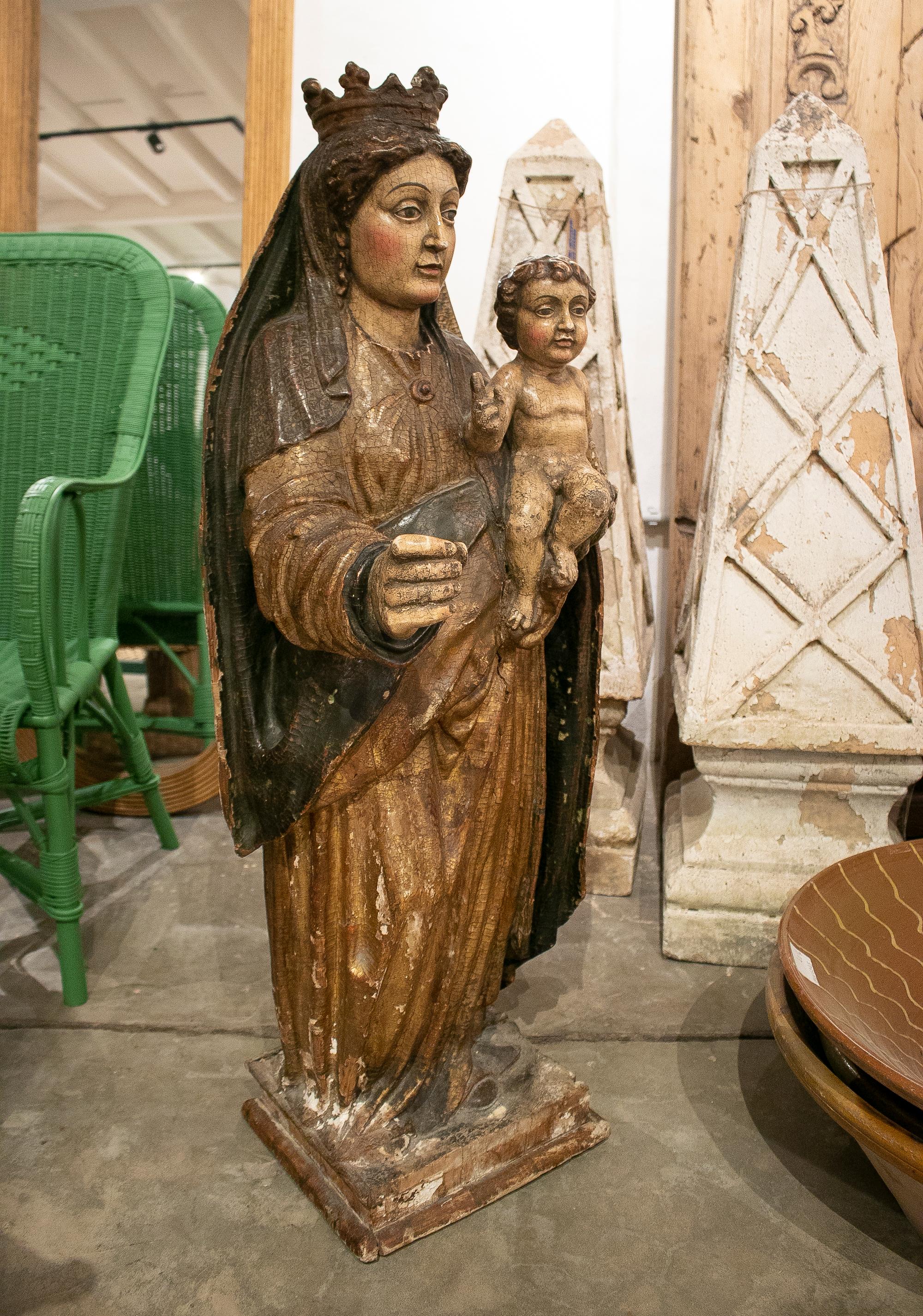 Antique 17th century Spanish Castilian school painted Virgin with Child wooden sculpture.
 