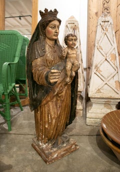 17th Century Spanish Castilian School Painted Virgin w/ Child Wooden Sculpture