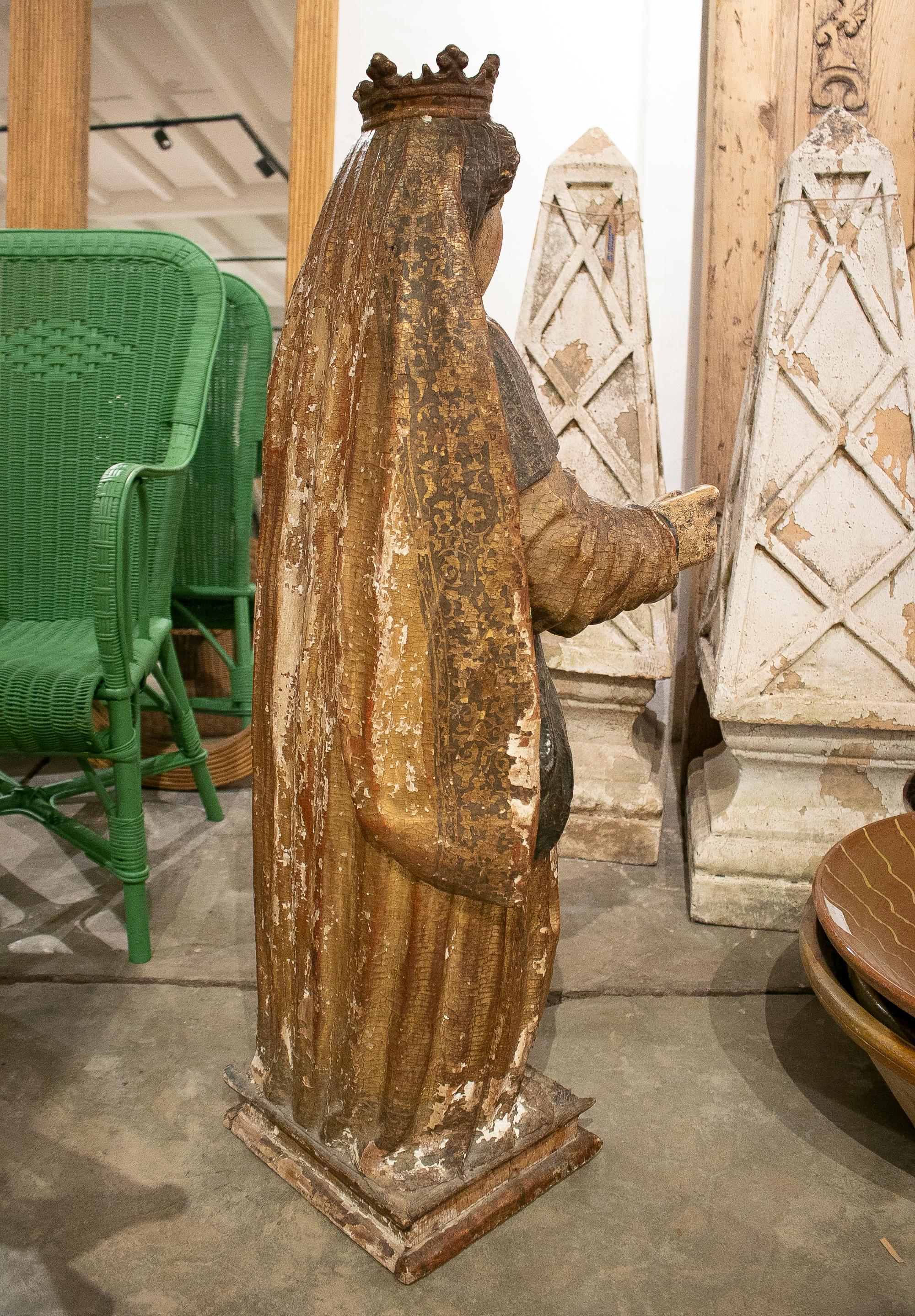 18th Century and Earlier 17th Century Spanish Castilian School Painted Virgin w/ Child Wooden Sculpture  For Sale