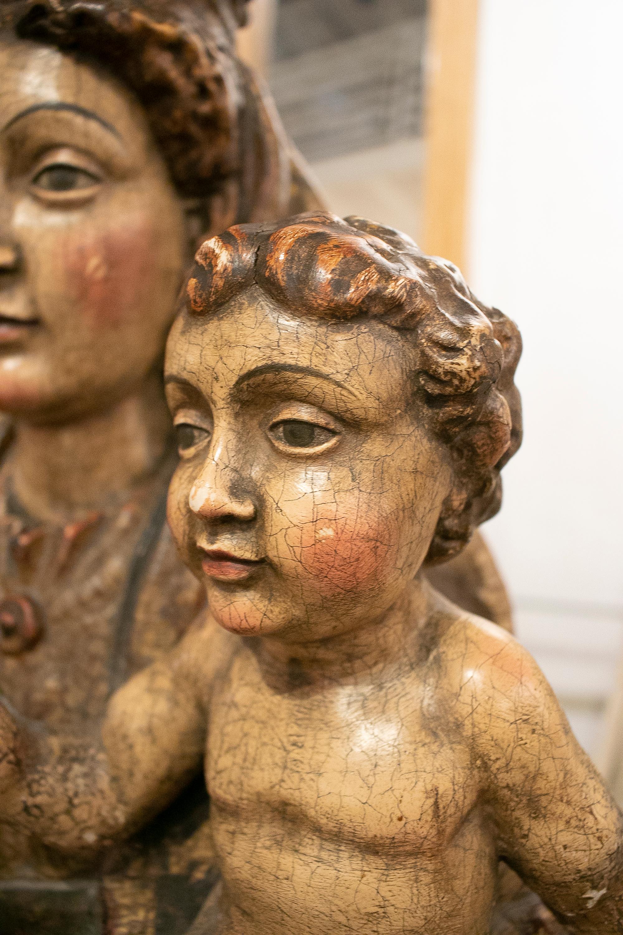 17th Century Spanish Castilian School Painted Virgin w/ Child Wooden Sculpture  For Sale 4