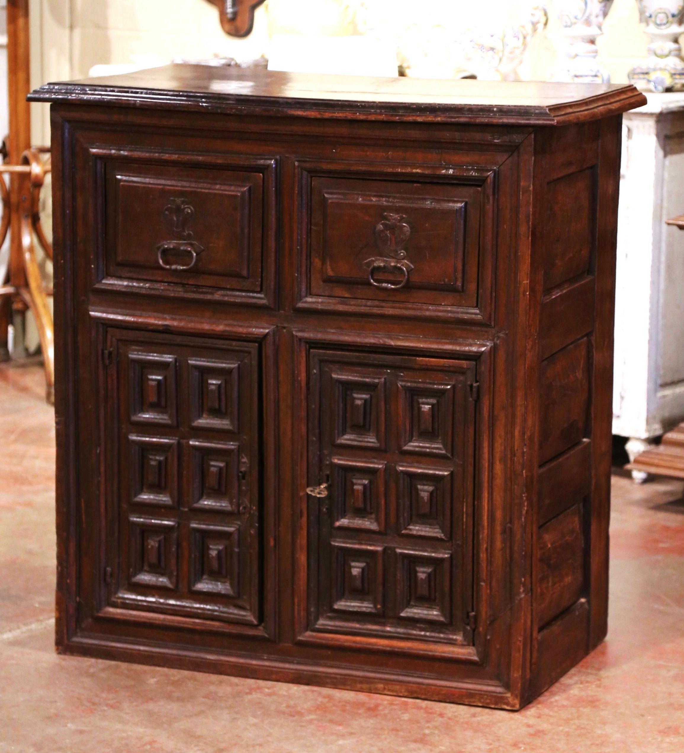 Patinated 17th Century Spanish Catalan Carved Walnut Two-Door Buffet Cabinet