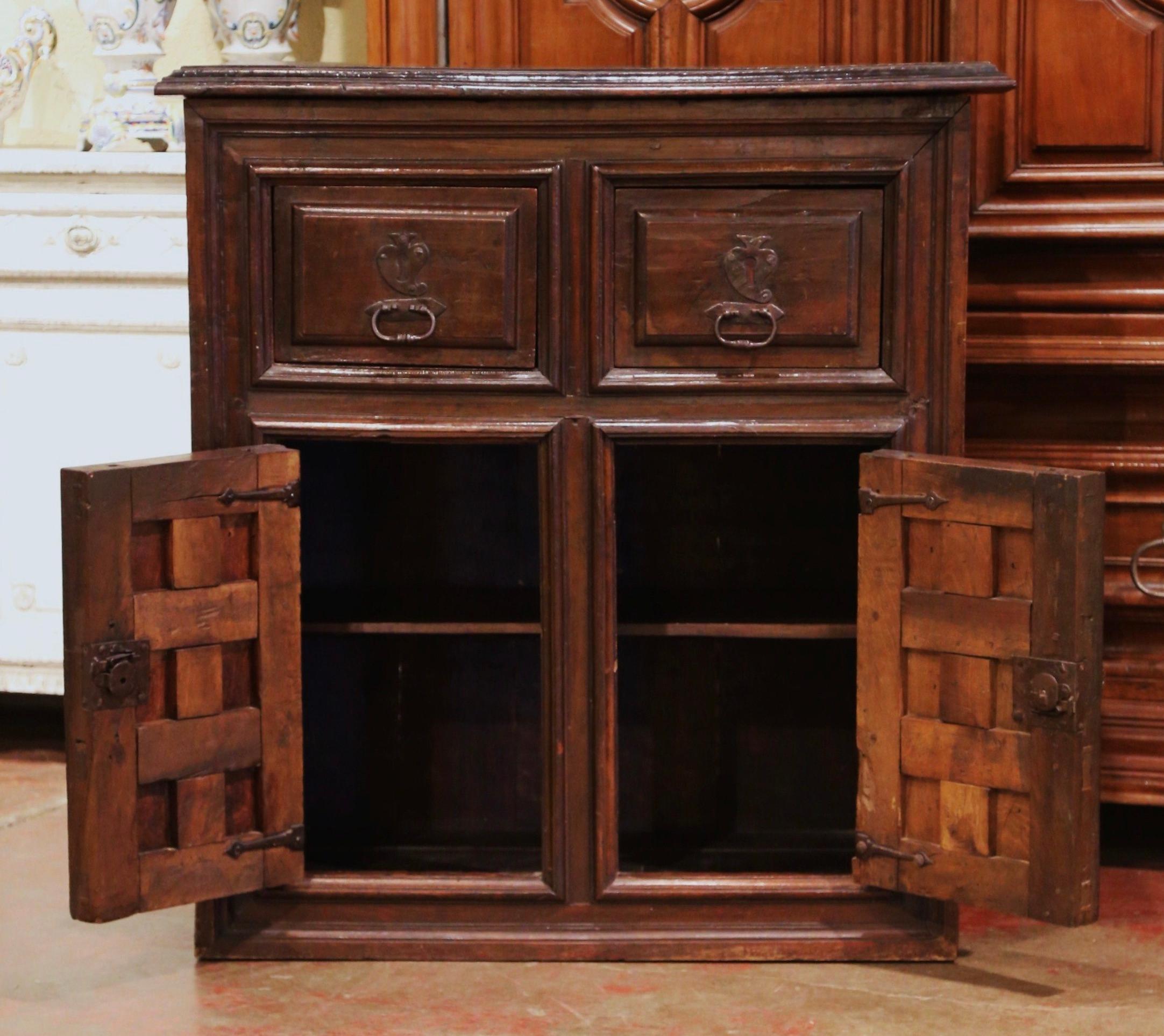 17th Century Spanish Catalan Carved Walnut Two-Door Buffet Cabinet 1