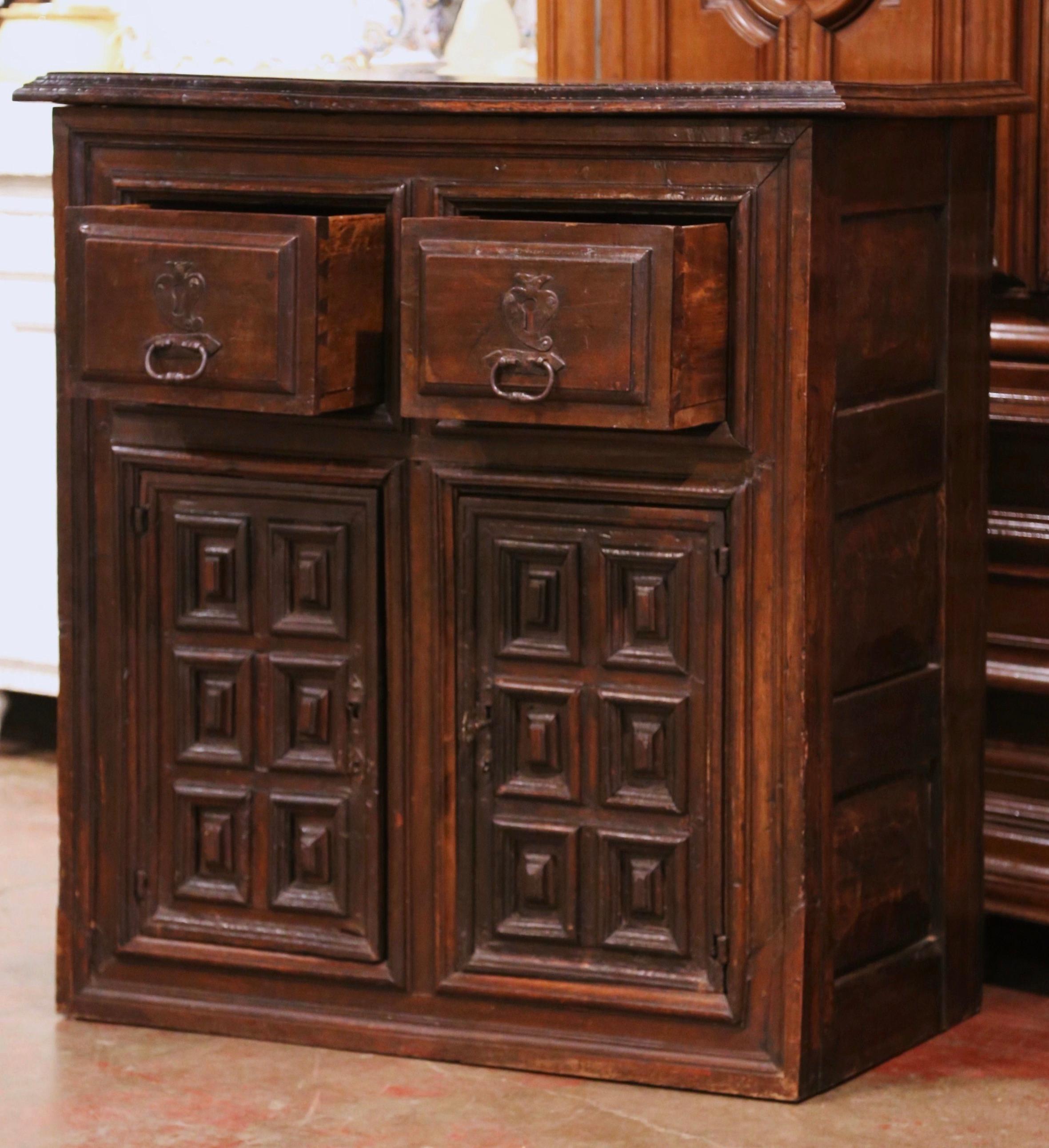 17th Century Spanish Catalan Carved Walnut Two-Door Buffet Cabinet 3