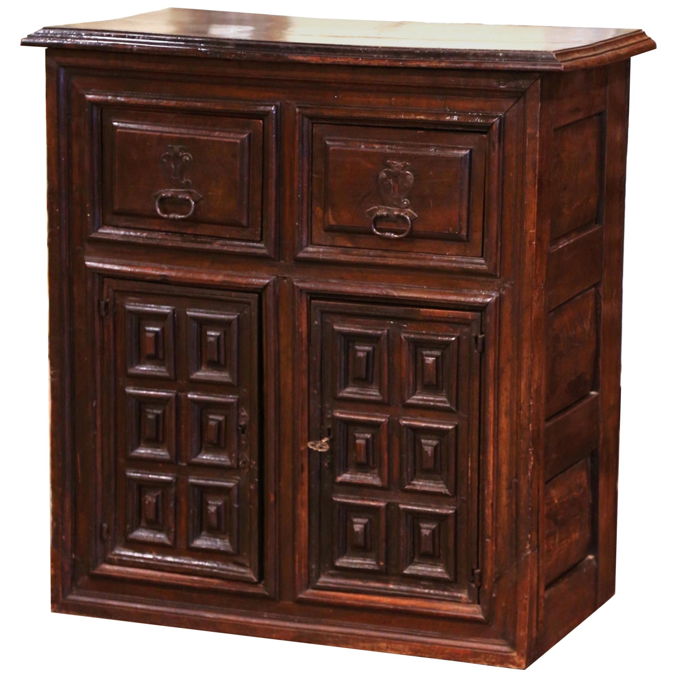 17th Century Spanish Catalan Carved Walnut Two-Door Buffet Cabinet