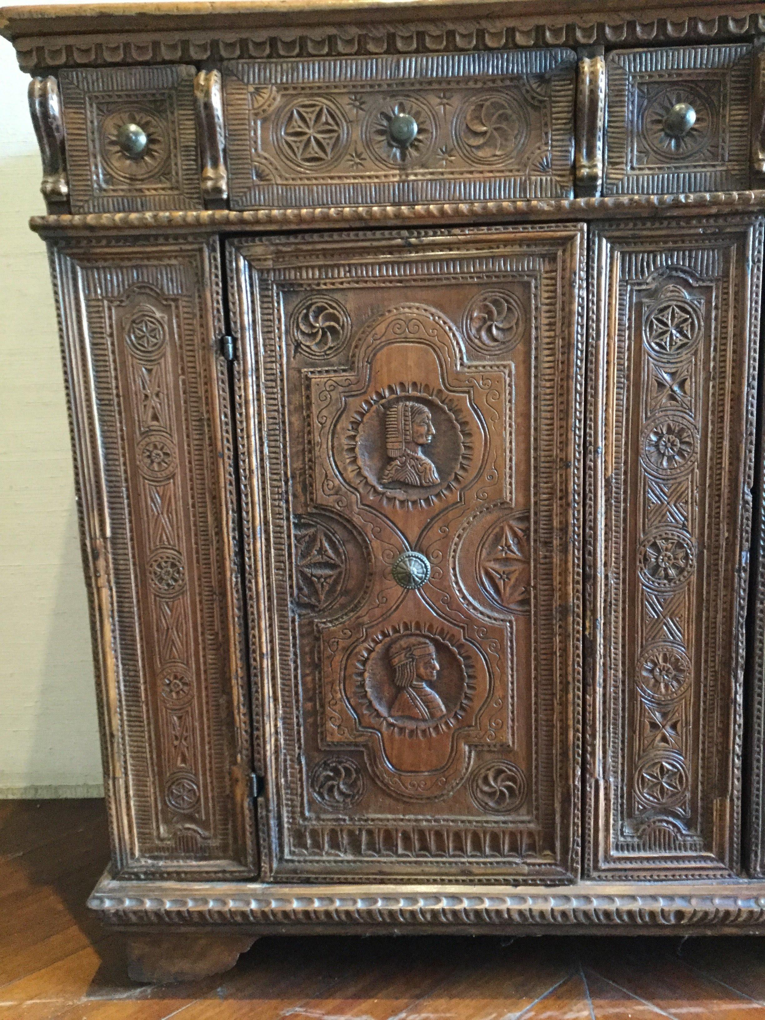 Baroque 17th Century Spanish Chip-Carved Credenza For Sale