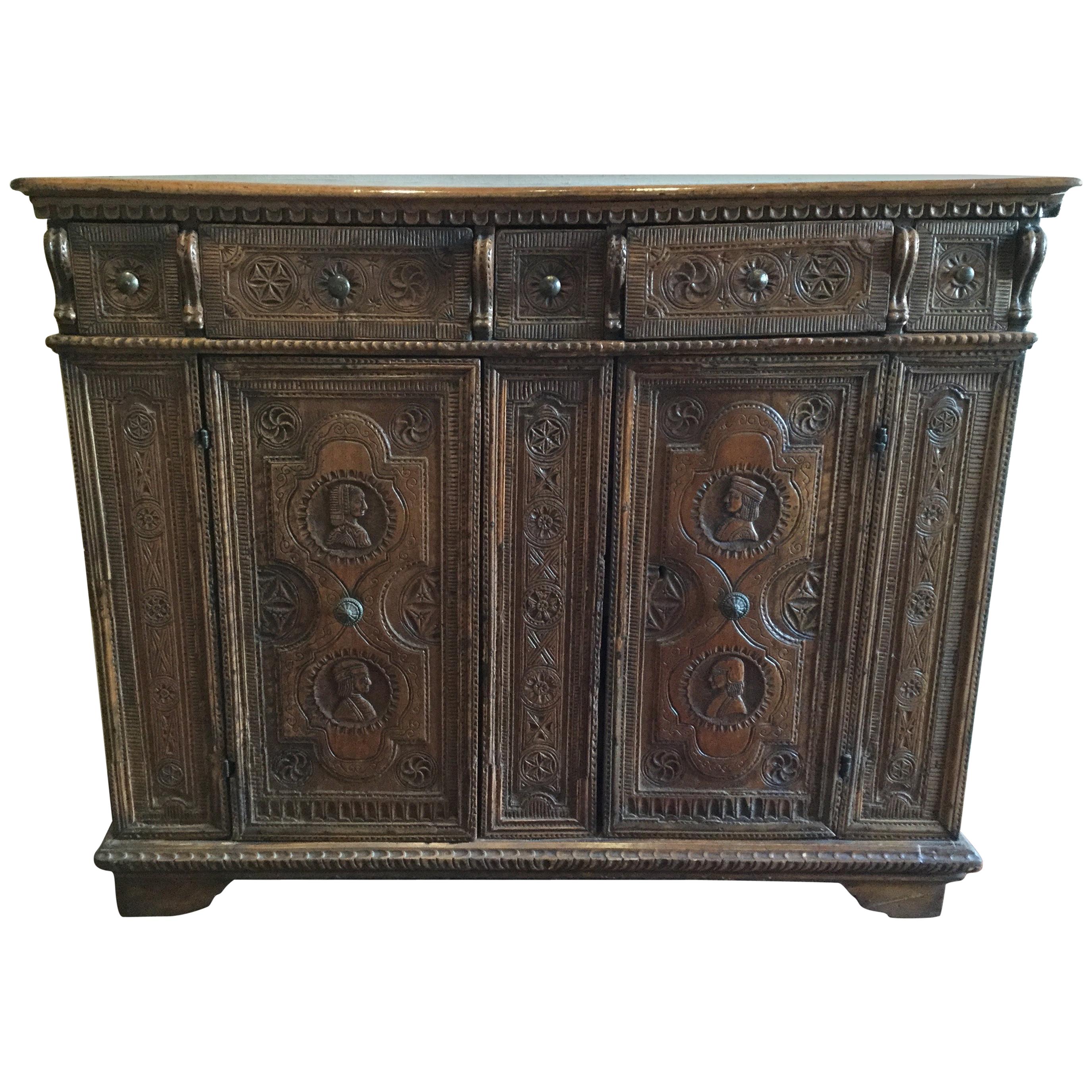 17th Century Spanish Chip-Carved Credenza For Sale