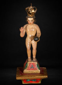 17th Century Spanish Colonial Niño Jesús Salvador del Mundo Wood Sculpture