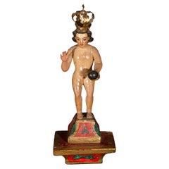 Scultura in legno del Niño Jesús Salvador del Mundo, in stile coloniale spagnolo del XVII secolo