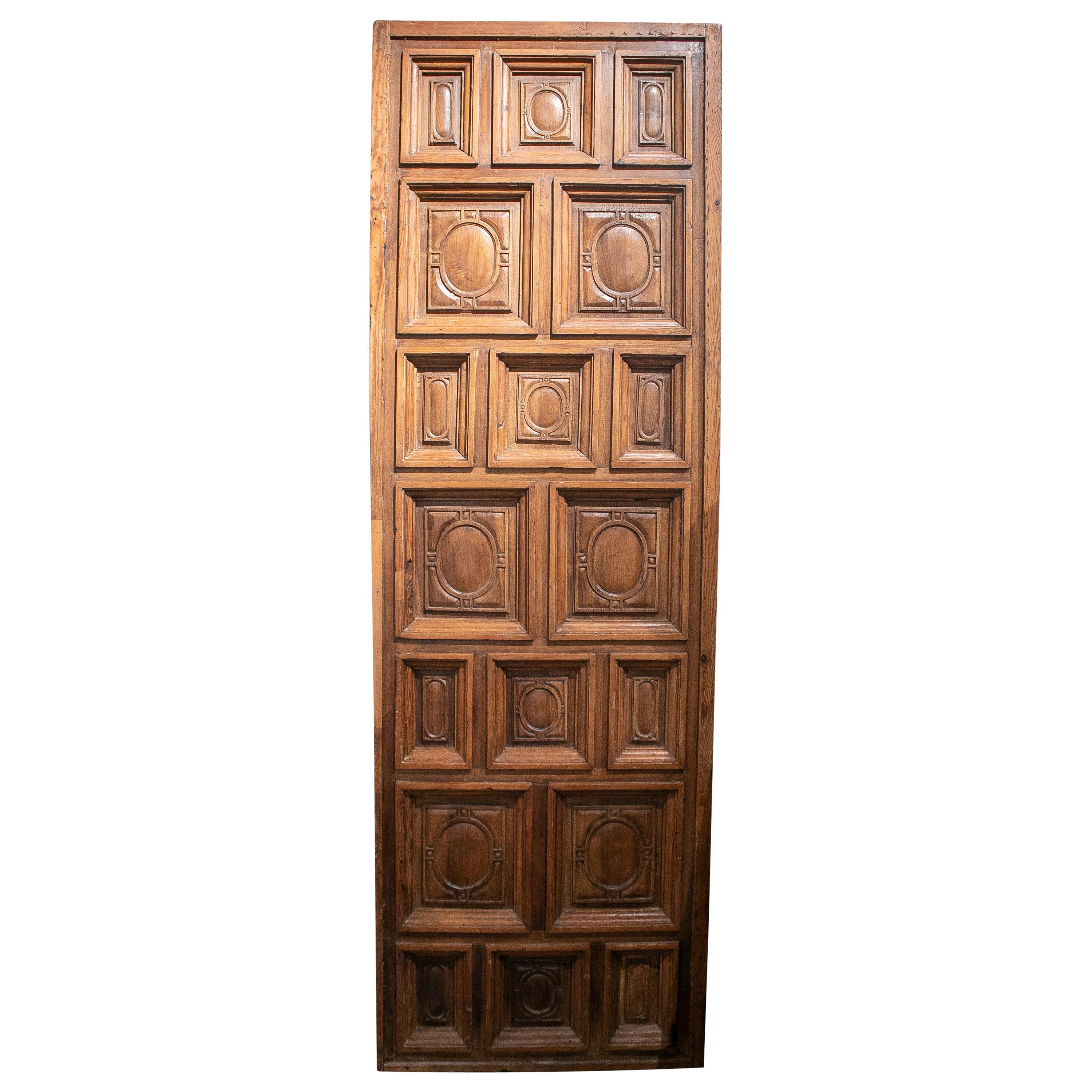 17th Century Spanish Geometric Panelled Hand Carved Wooden Door Panel For Sale
