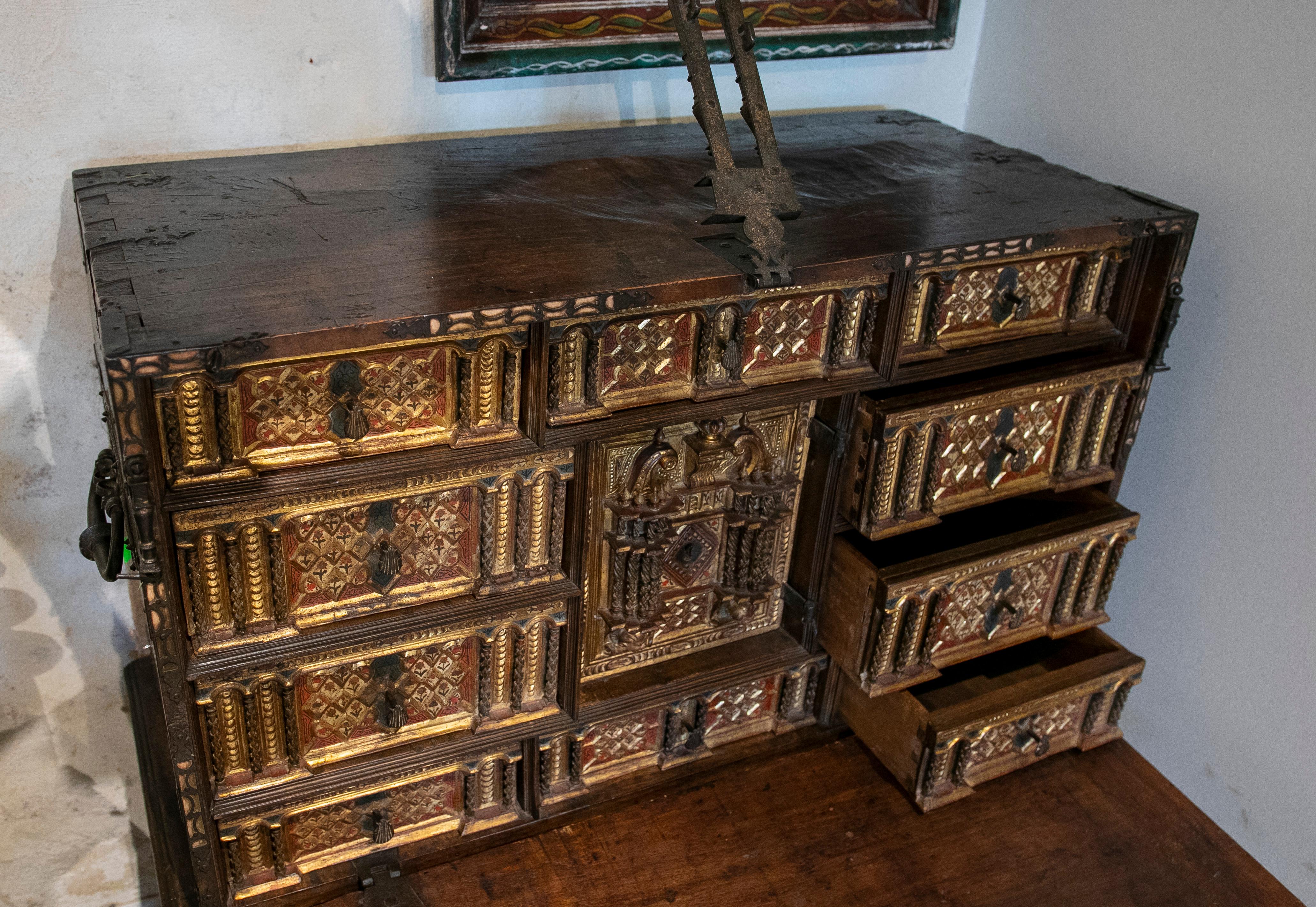 17th Century Spanish Hand Carved and Polychrome Wooden Chest with Locker 6