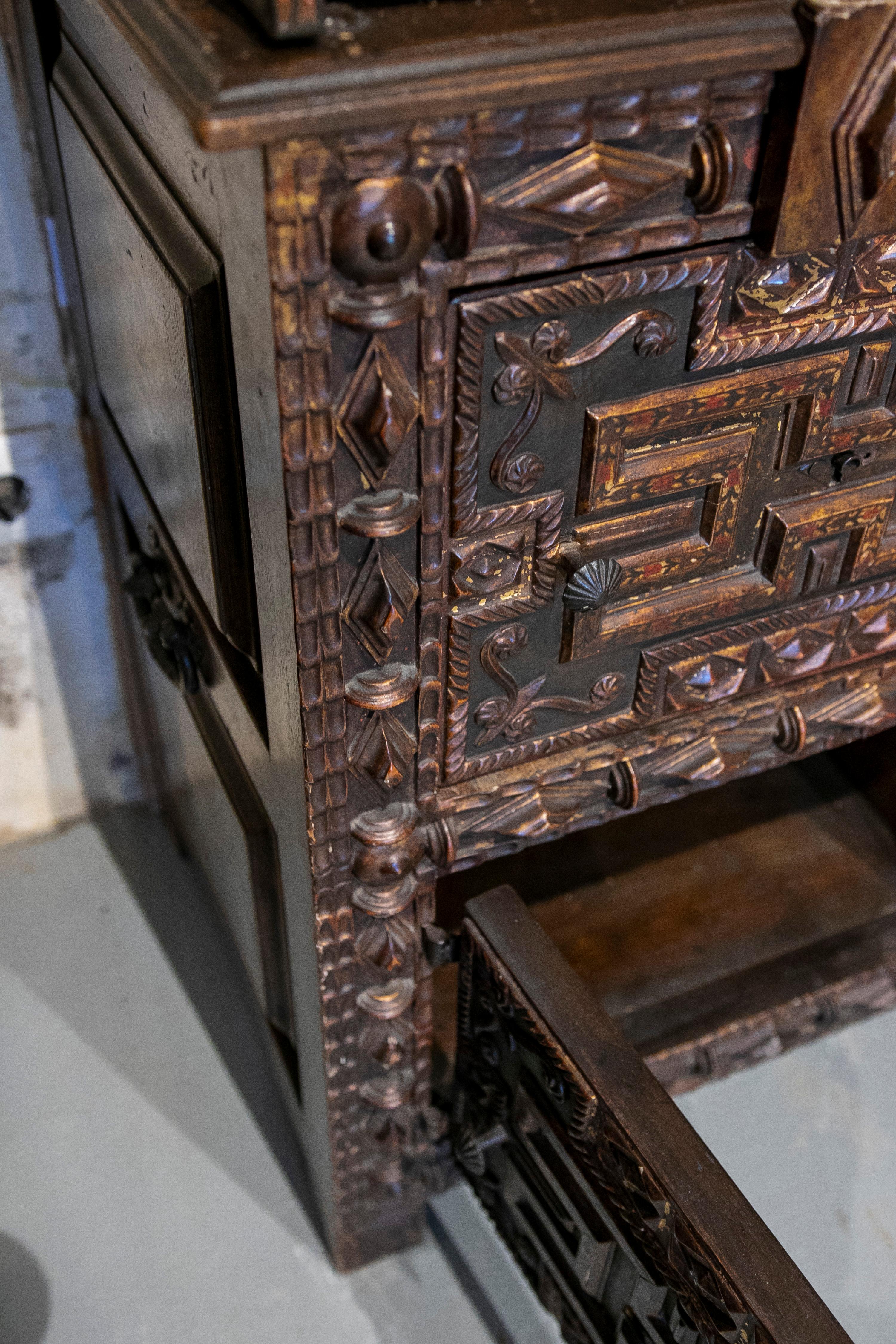 17th Century Spanish Hand Carved and Polychrome Wooden Chest with Locker 12