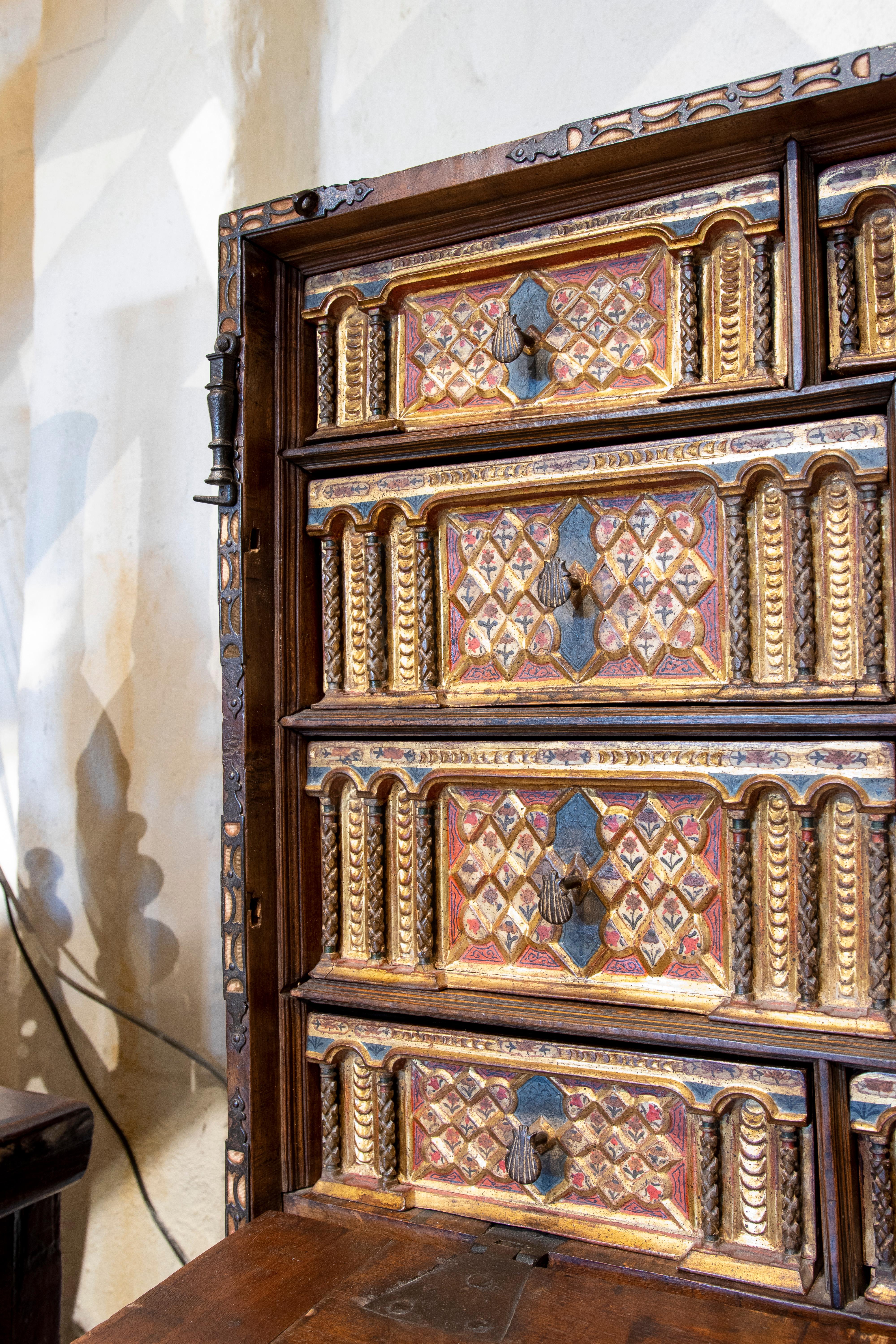 17th Century Spanish Hand Carved and Polychrome Wooden Chest with Locker 14