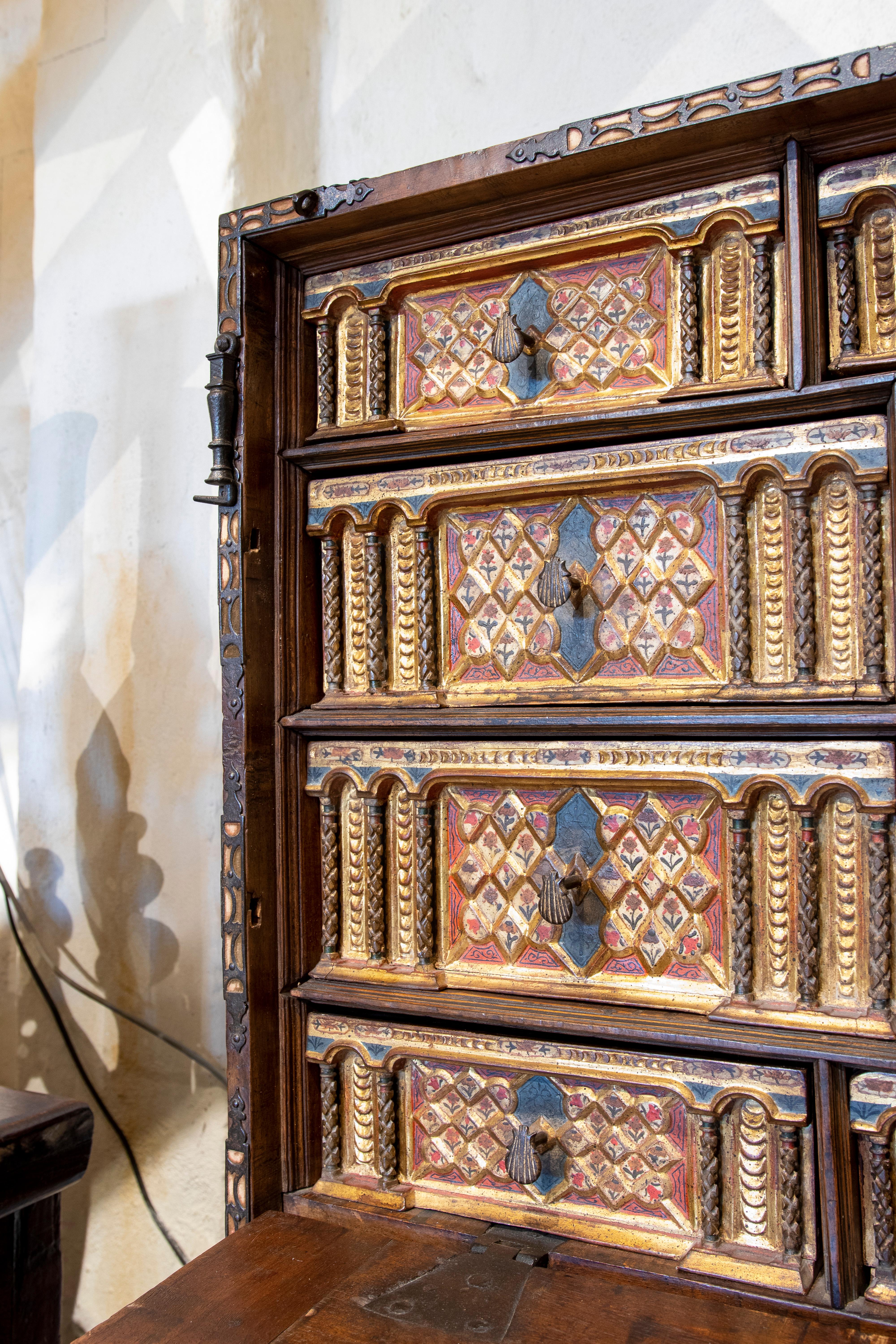 17th Century Spanish Hand Carved and Polychrome Wooden Chest with Locker 14