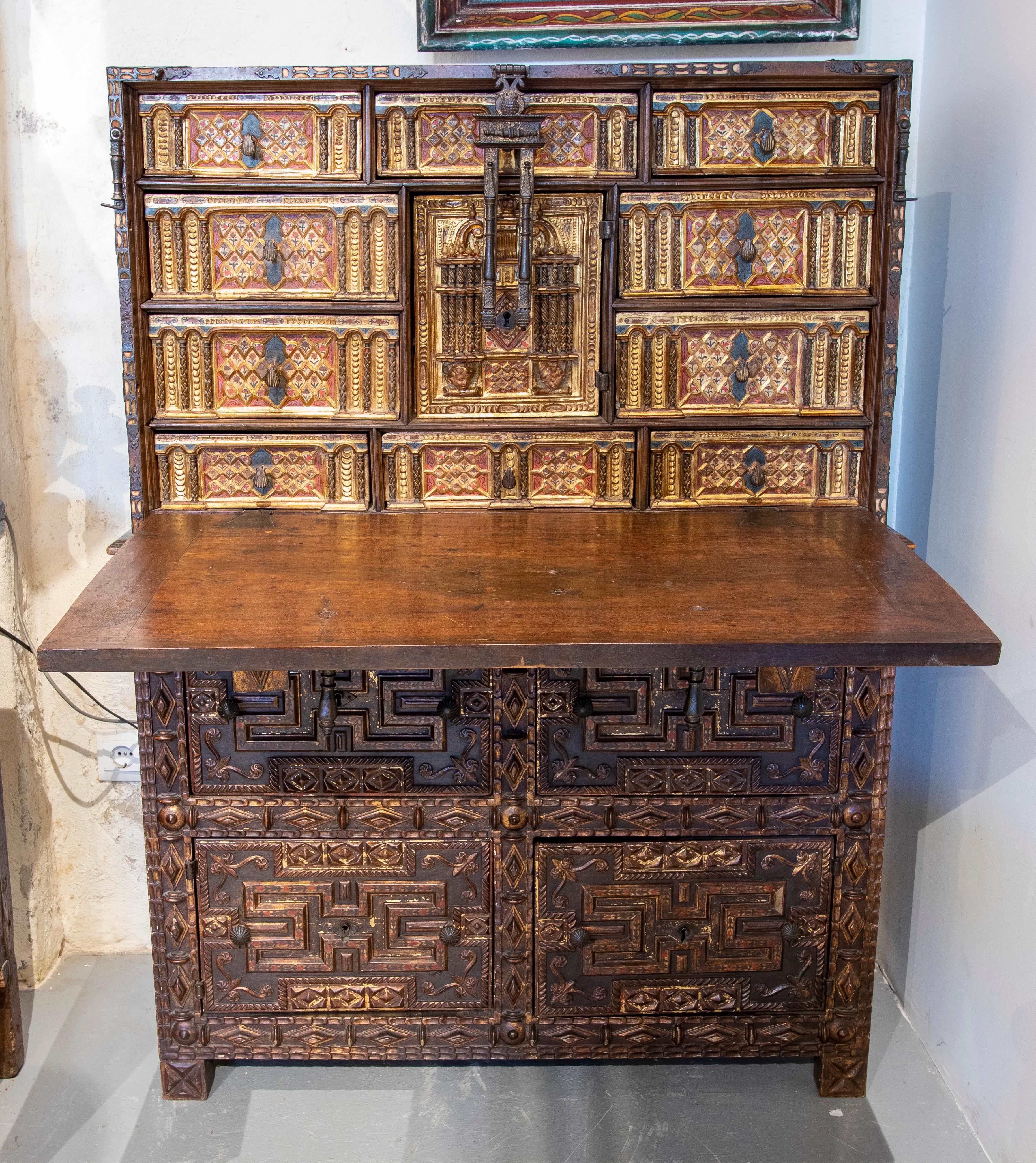17th Century Spanish hand carved and polychrome wooden chest of drawers with locker.
