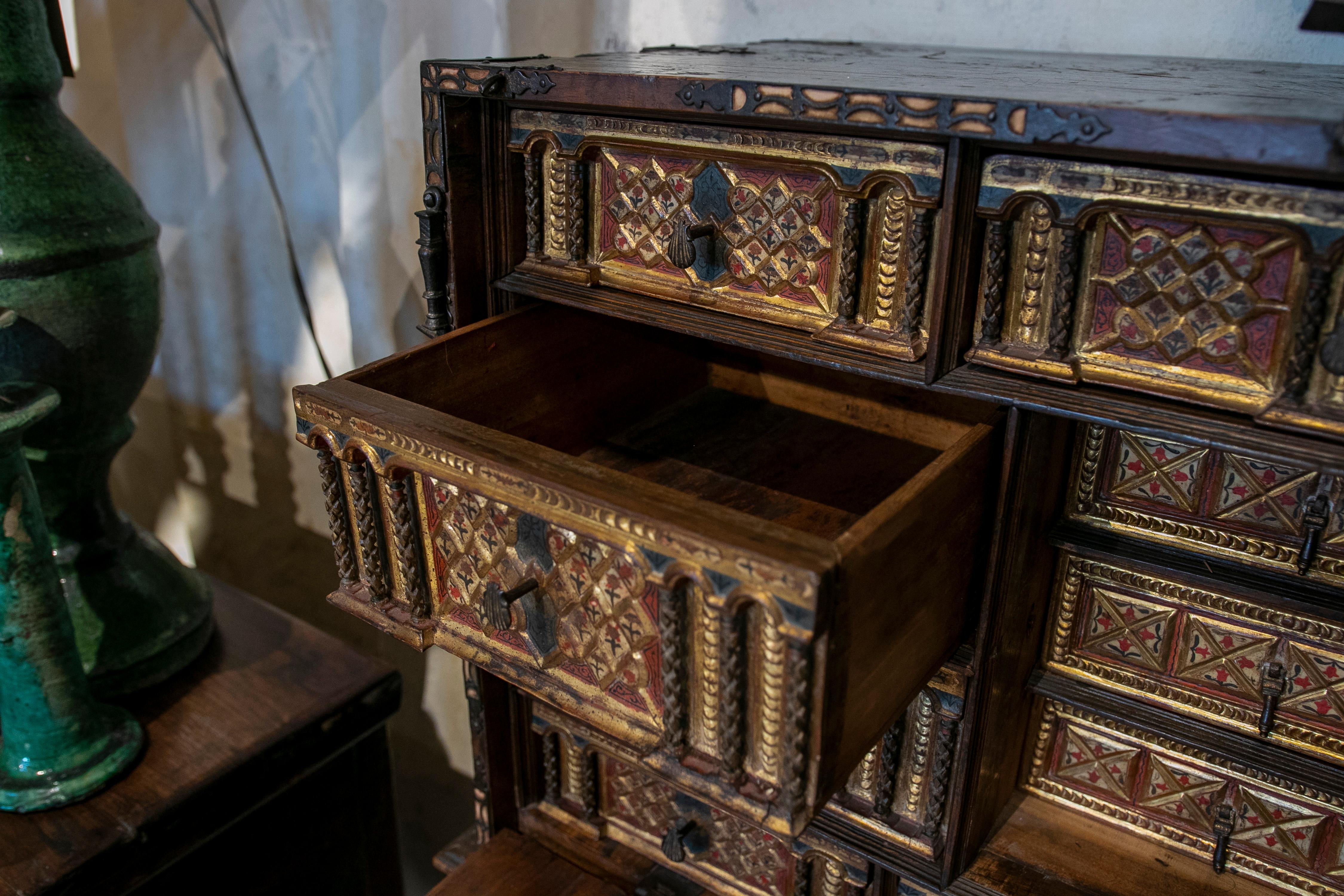 17th Century Spanish Hand Carved and Polychrome Wooden Chest with Locker 1