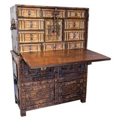 17th Century Spanish Hand Carved and Polychrome Wooden Chest with Locker
