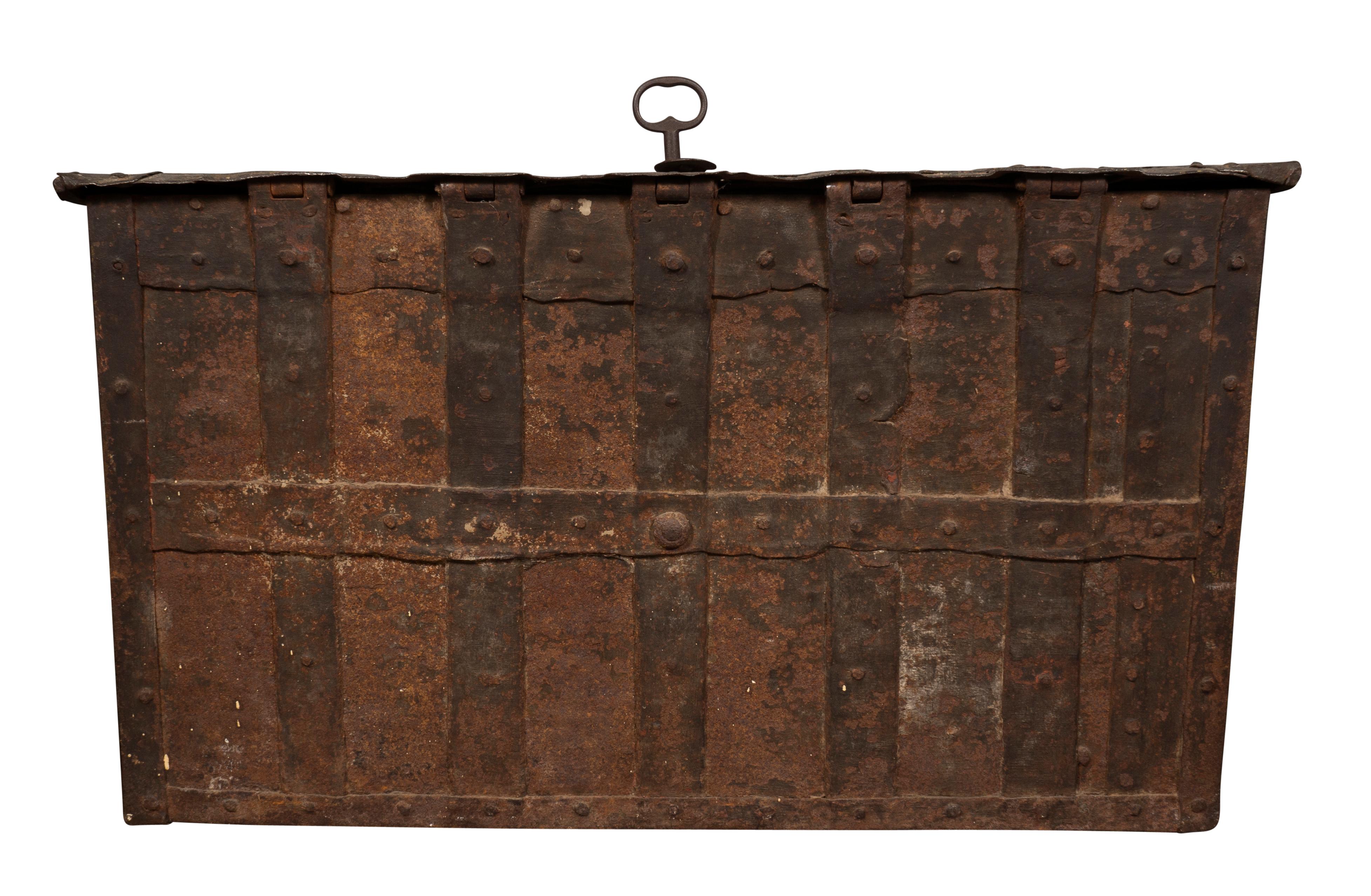 17th Century Spanish Iron and Strapwork Strongbox Chest In Good Condition In Essex, MA