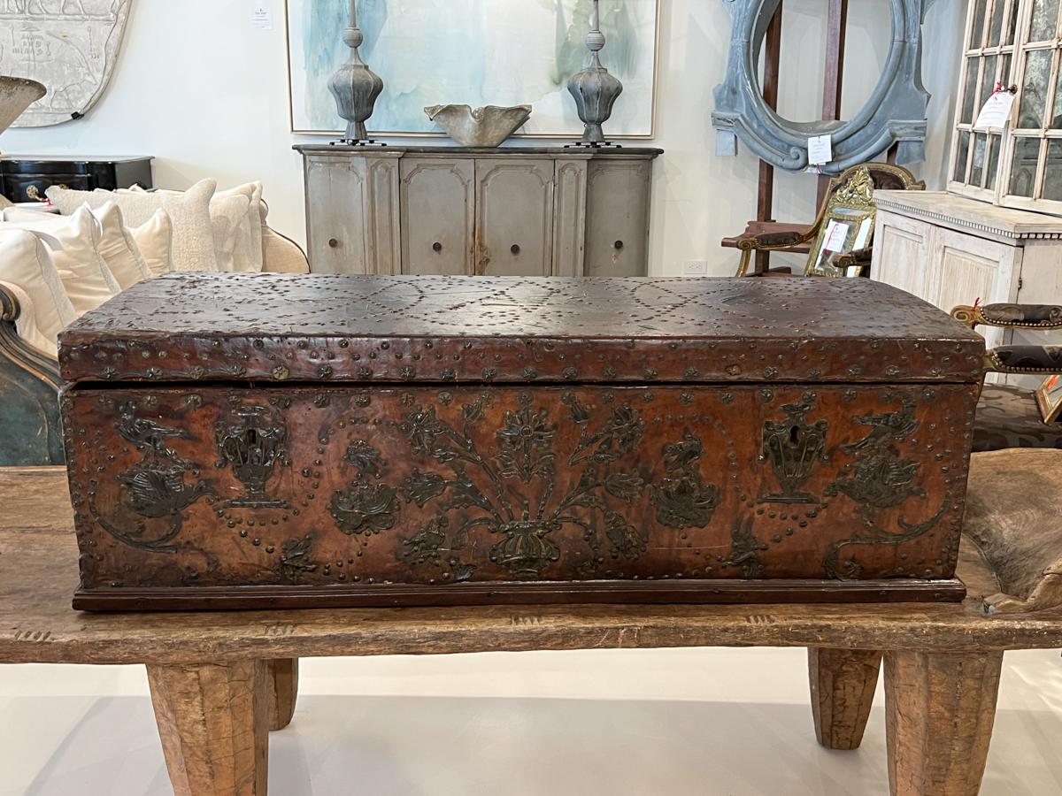 17th Century Spanish Leather Trunk In Fair Condition In New Orleans, LA