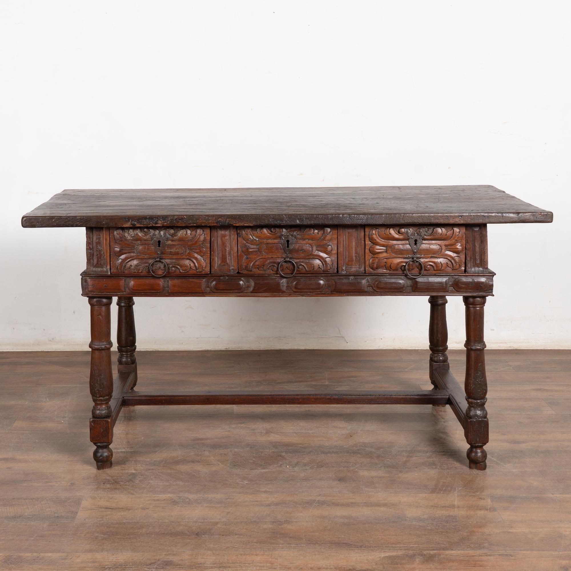 Hand-Carved 17th Century Spanish Oak Console Table with Three Drawers For Sale