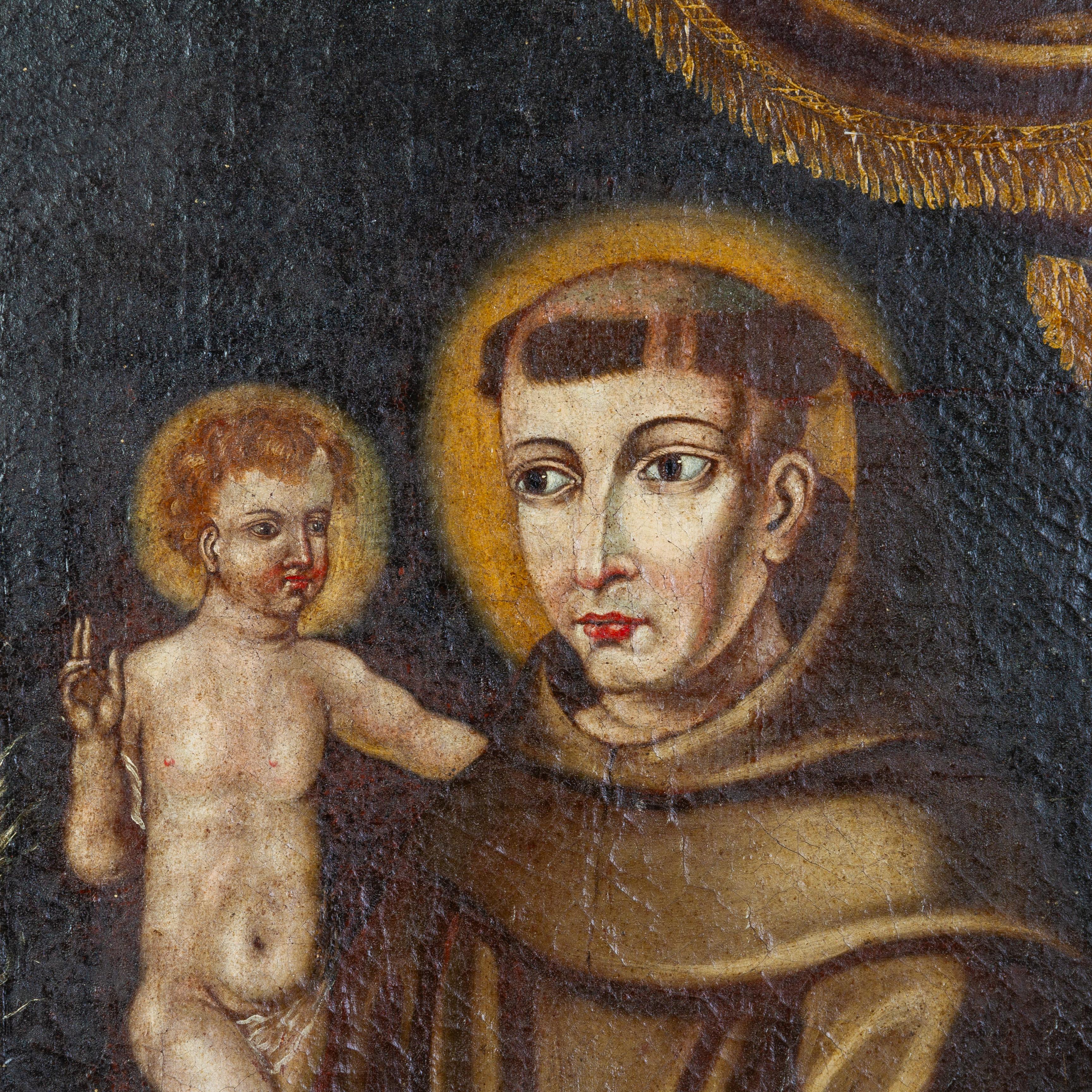 17th century religious Spanish old master painting, oil on canvas, depicting Saint Anthony of Padua with infant Christ.

Dimensions: (unframed) 
Provenance: a private collection.
Condition: canvas is loose on one side and requires relining; may