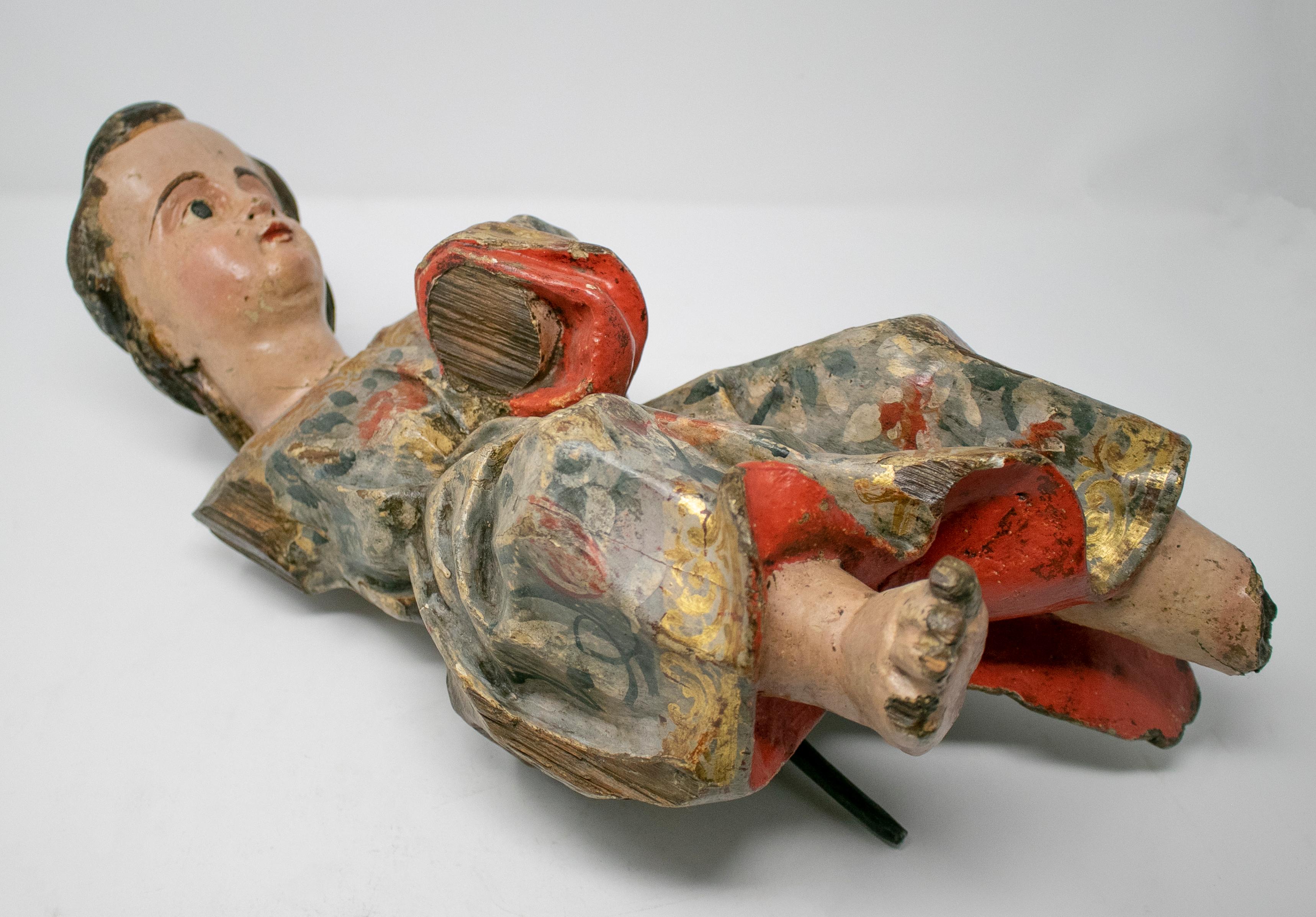 European 17th Century Spanish Pair of Painted Hand Carved Wooden Cherubs For Sale