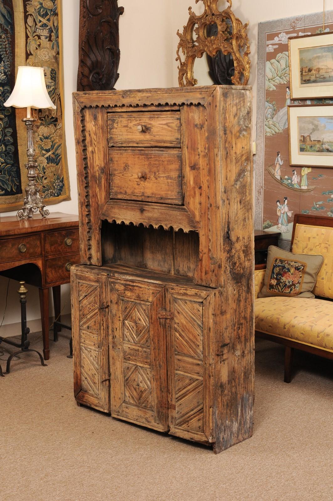 17th Century Spanish Pine Cabinet with 2 Drawers & Open Shelf above Cabinet Door For Sale 9