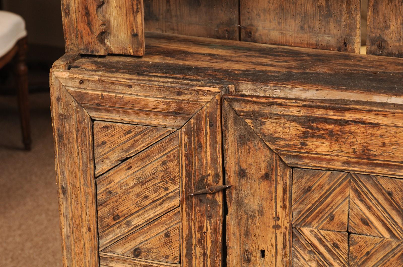 17th Century Spanish Pine Cabinet with 2 Drawers & Open Shelf above Cabinet Door For Sale 12