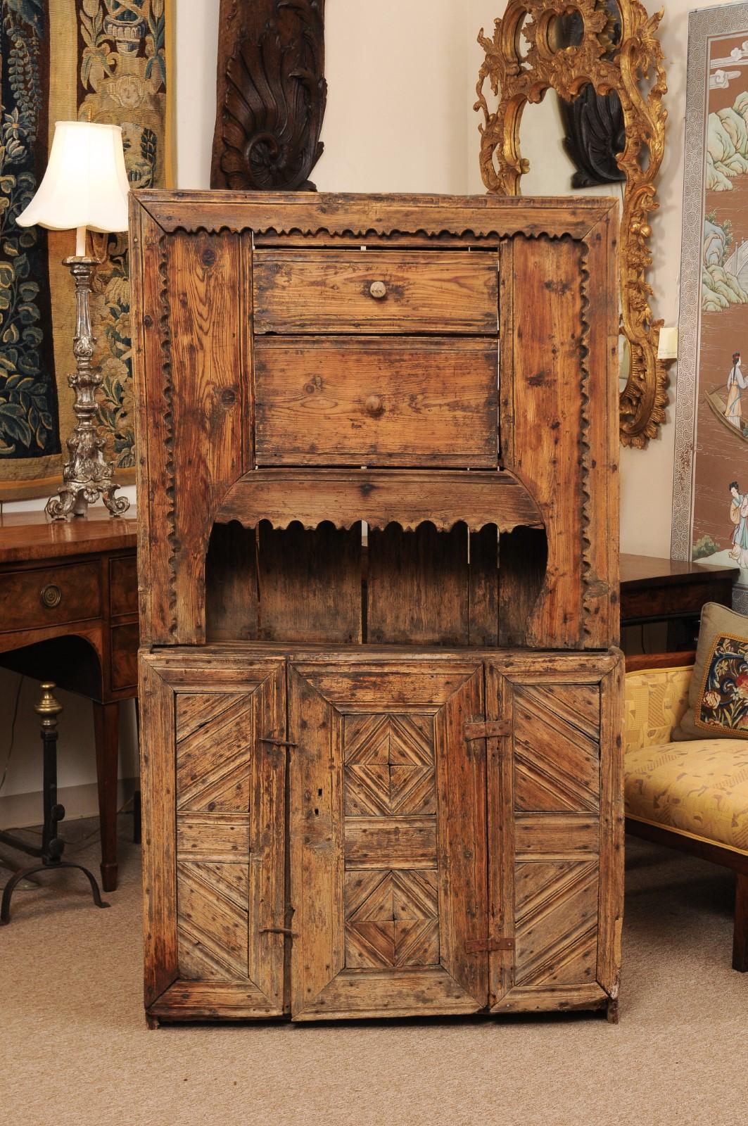 17th Century Spanish Pine Cabinet with 2 Drawers & Open Shelf above Cabinet Door For Sale 13