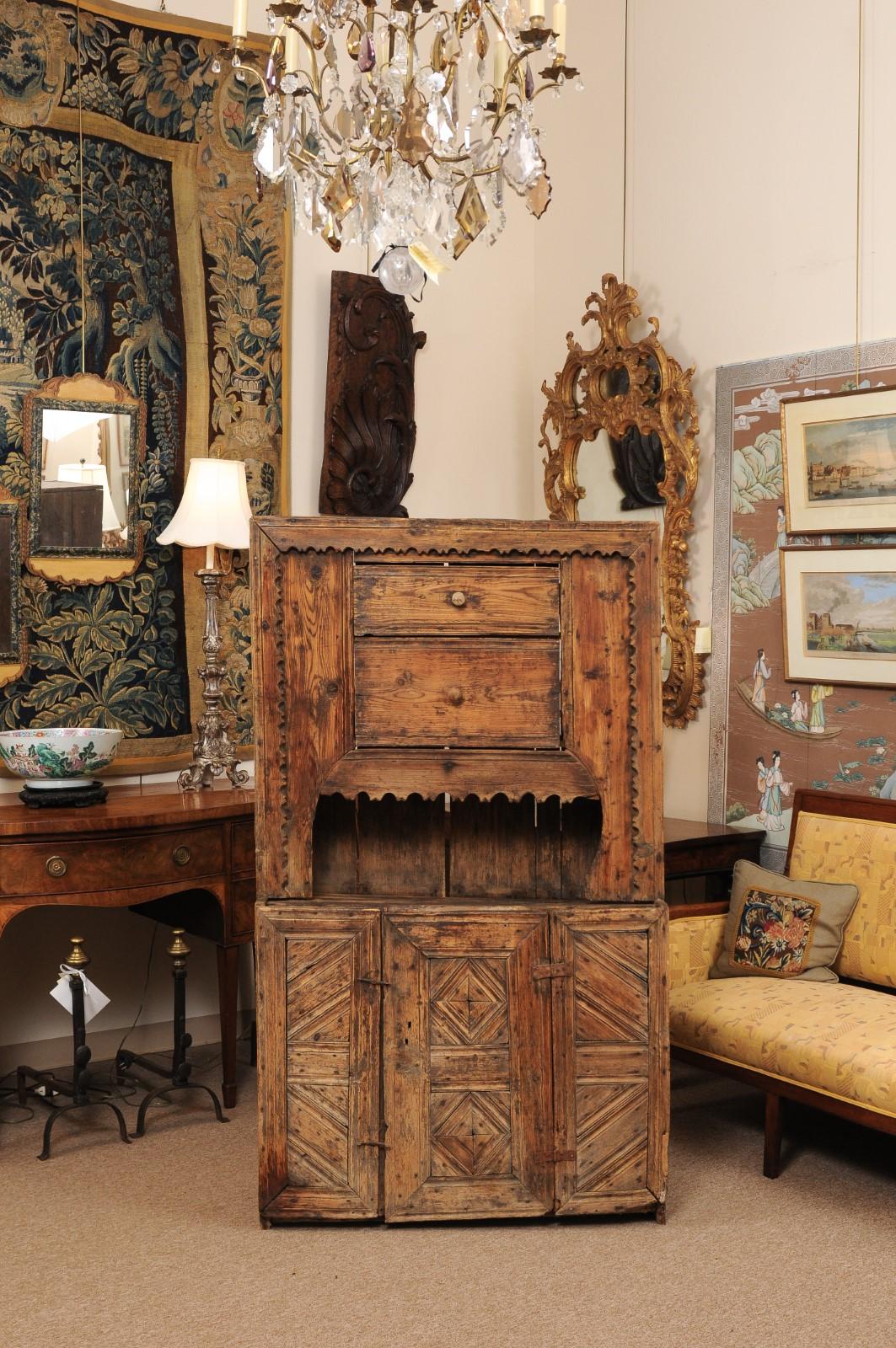 17th Century Spanish Pine Cabinet with 2 Drawers & Open Shelf above Cabinet Door For Sale 14