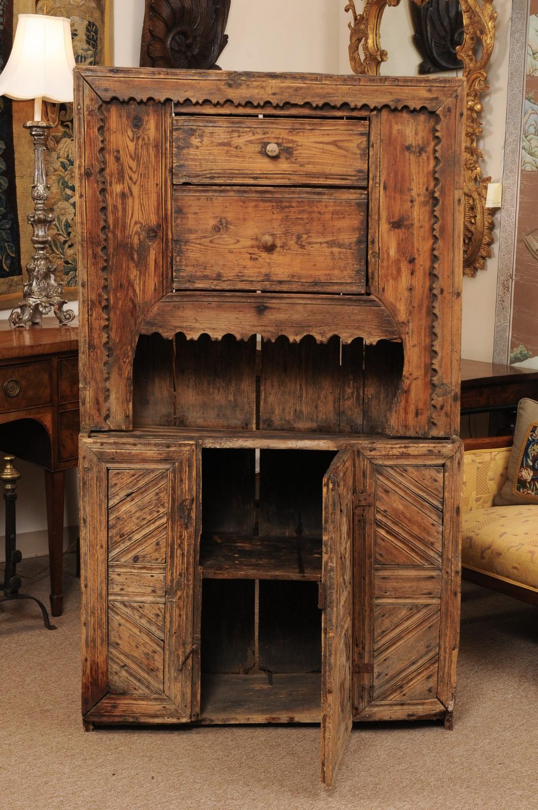 17th Century Spanish Pine Cabinet with 2 Drawers & Open Shelf above Cabinet Door In Good Condition For Sale In Atlanta, GA