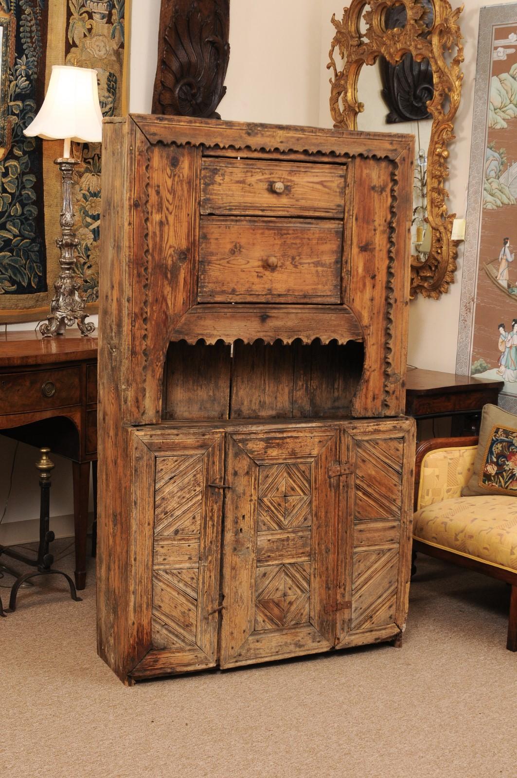 18th Century and Earlier 17th Century Spanish Pine Cabinet with 2 Drawers & Open Shelf above Cabinet Door For Sale