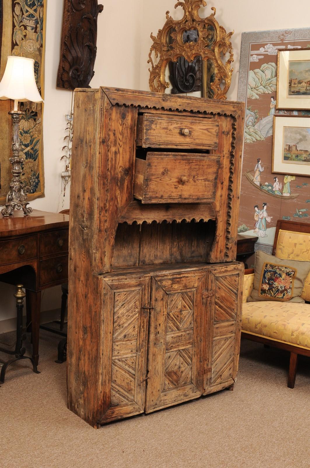 17th Century Spanish Pine Cabinet with 2 Drawers & Open Shelf above Cabinet Door For Sale 1
