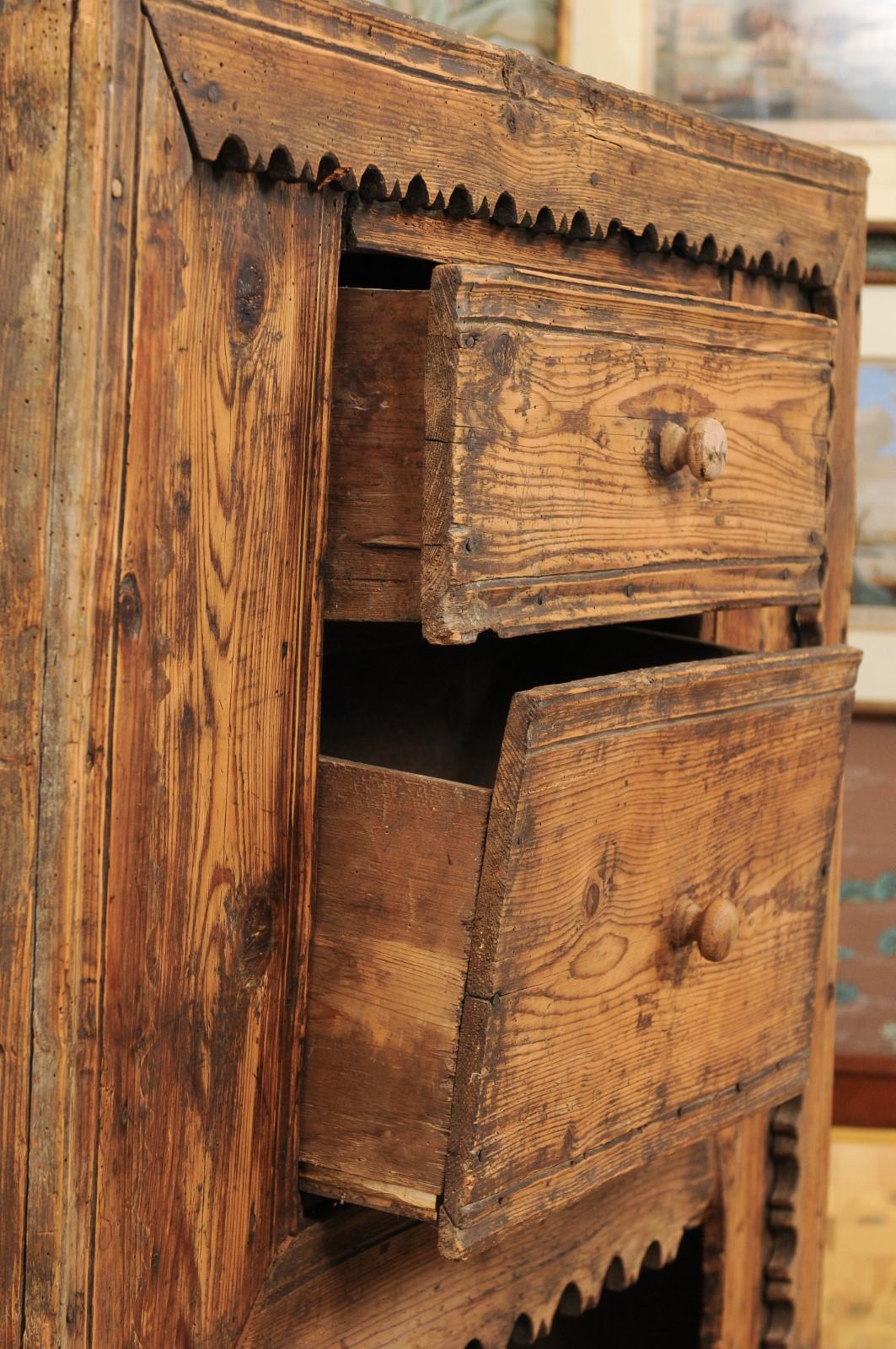17th Century Spanish Pine Cabinet with 2 Drawers & Open Shelf above Cabinet Door For Sale 2