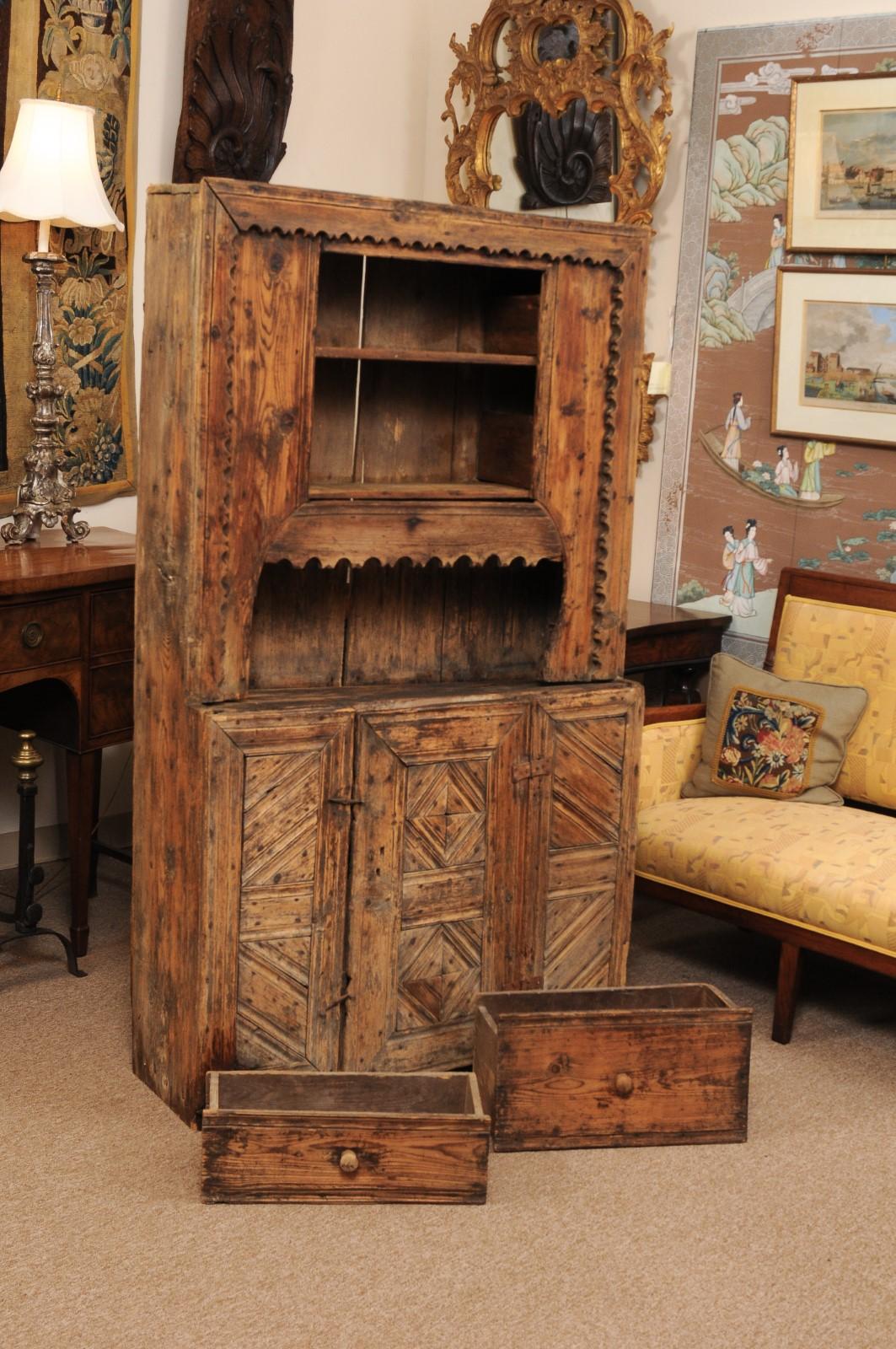17th Century Spanish Pine Cabinet with 2 Drawers & Open Shelf above Cabinet Door For Sale 3