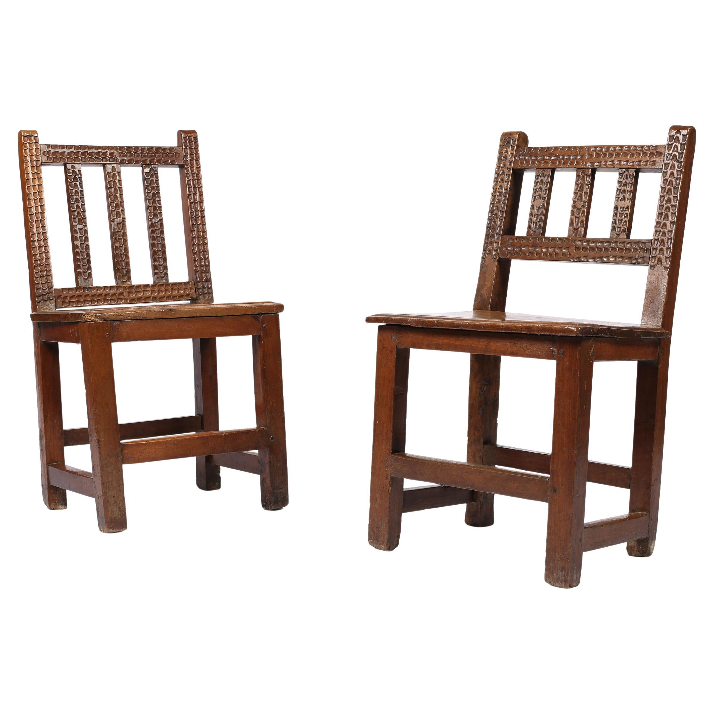 17th Century Spanish Rustic Country Carved Walnut Side Chairs